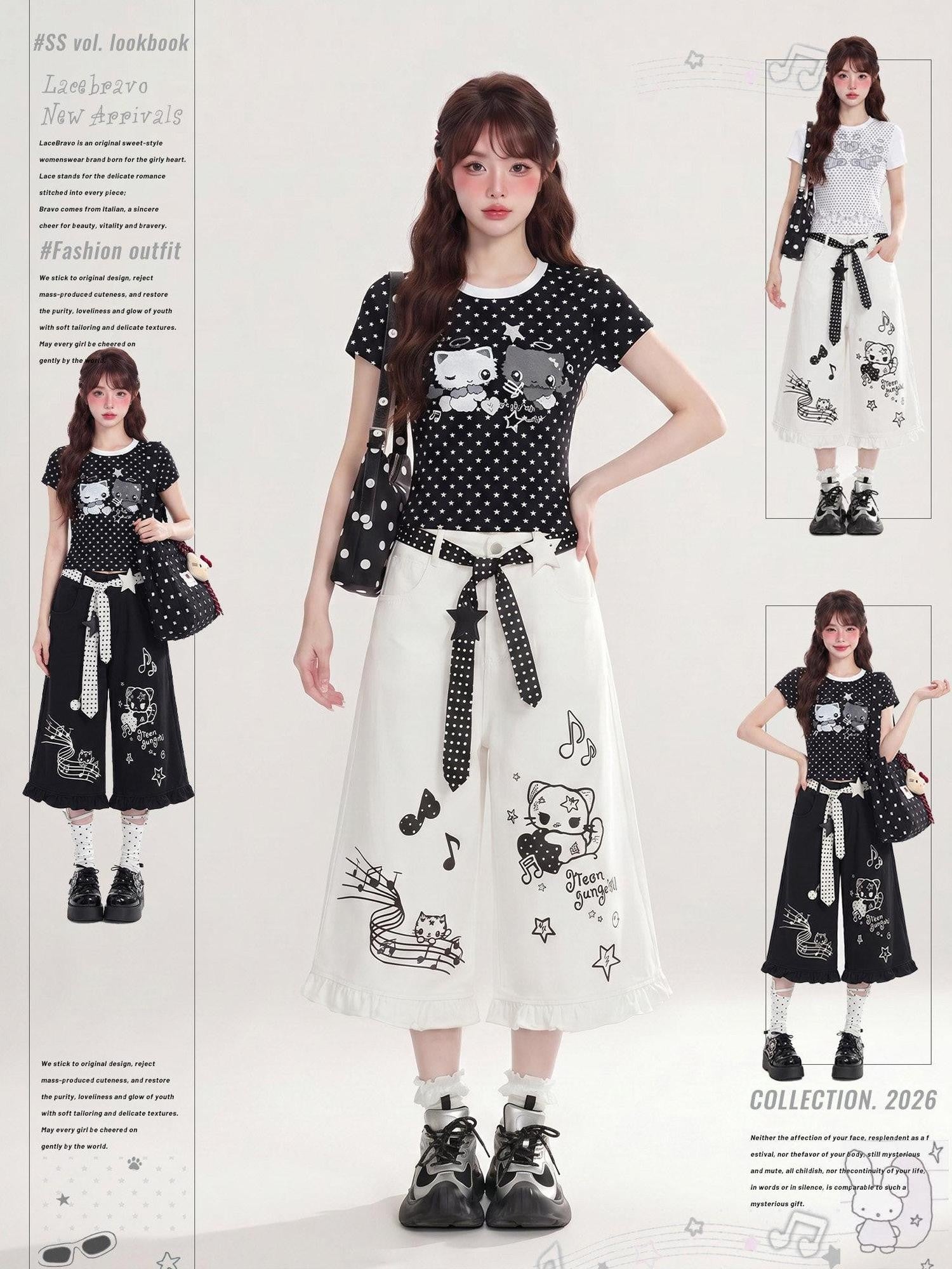 LaceBravo Star And Musical Note Print Wide Leg Ruffle Hem Women's Lace Capri Pants