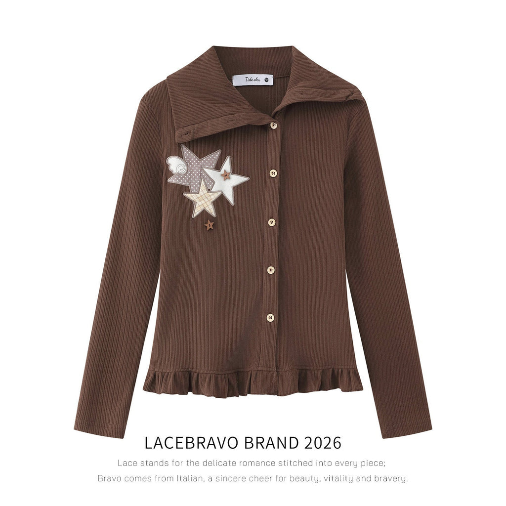 LaceBravo_Star_Check_Applique_Lapel_Collar_Ribbed_Women's_Knit_Cardigans_1072217747061_MISSTT