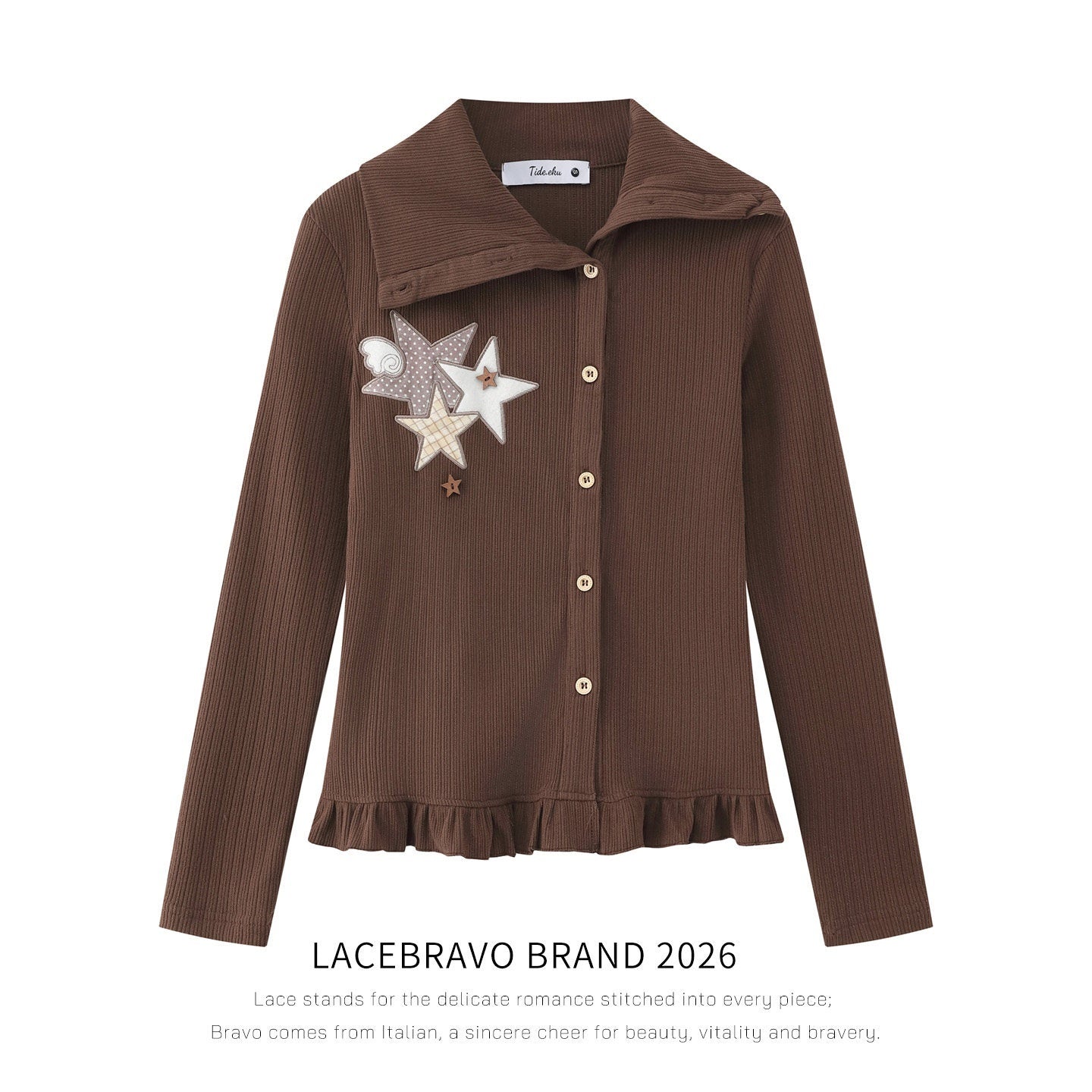 LaceBravo_Star_Check_Applique_Lapel_Collar_Ribbed_Women's_Knit_Cardigans_1072217747061_MISSTT
