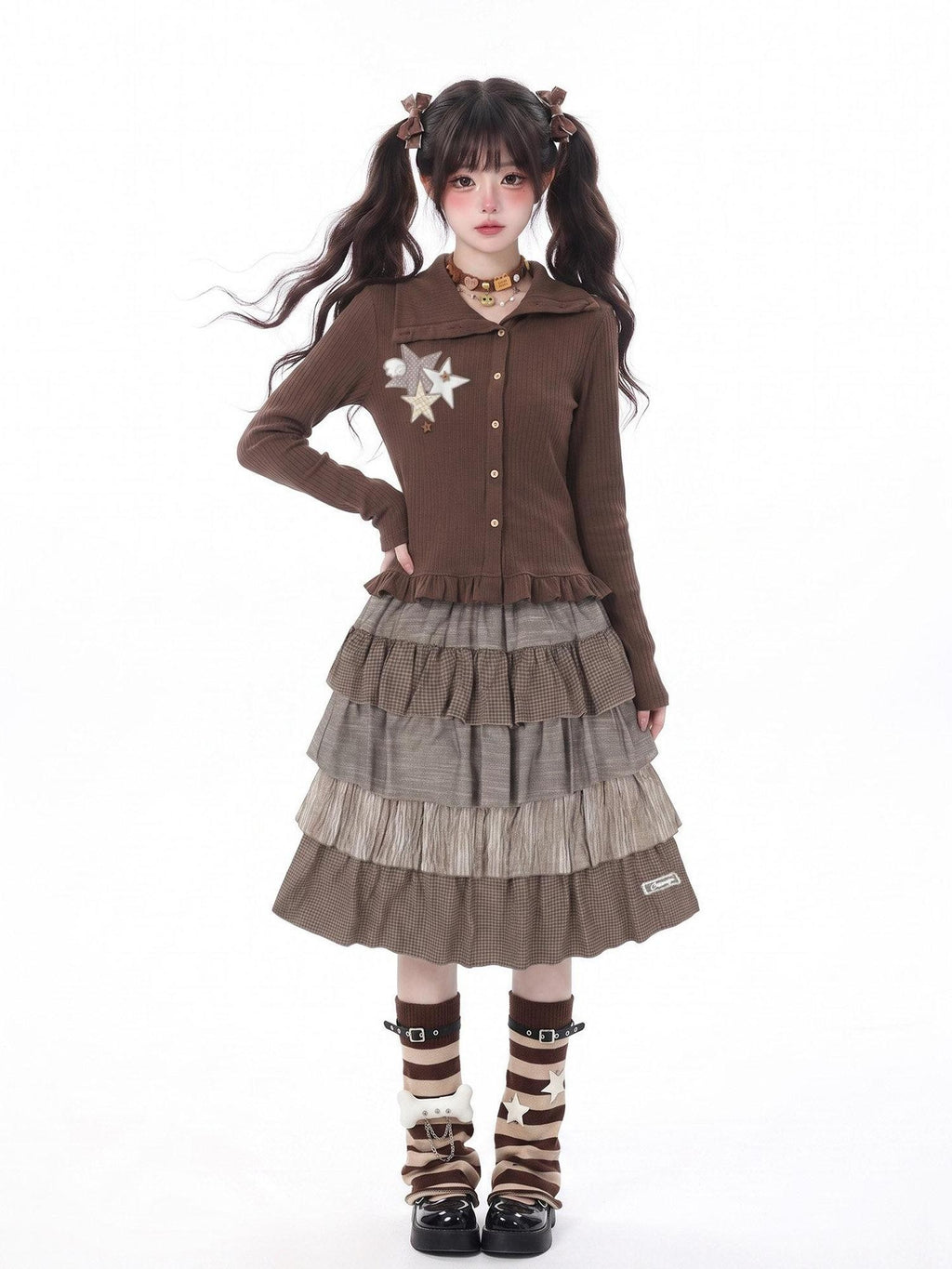 LaceBravo Star Check Applique Lapel Collar Ribbed Women's Knit Cardigans