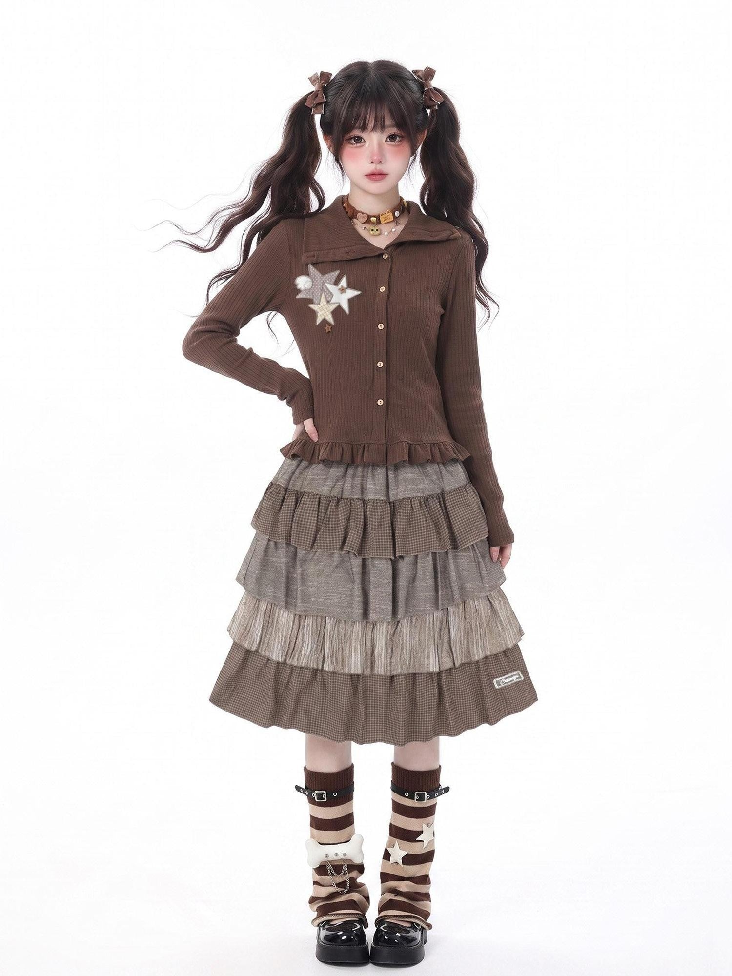 LaceBravo Star Check Applique Lapel Collar Ribbed Women's Knit Cardigans