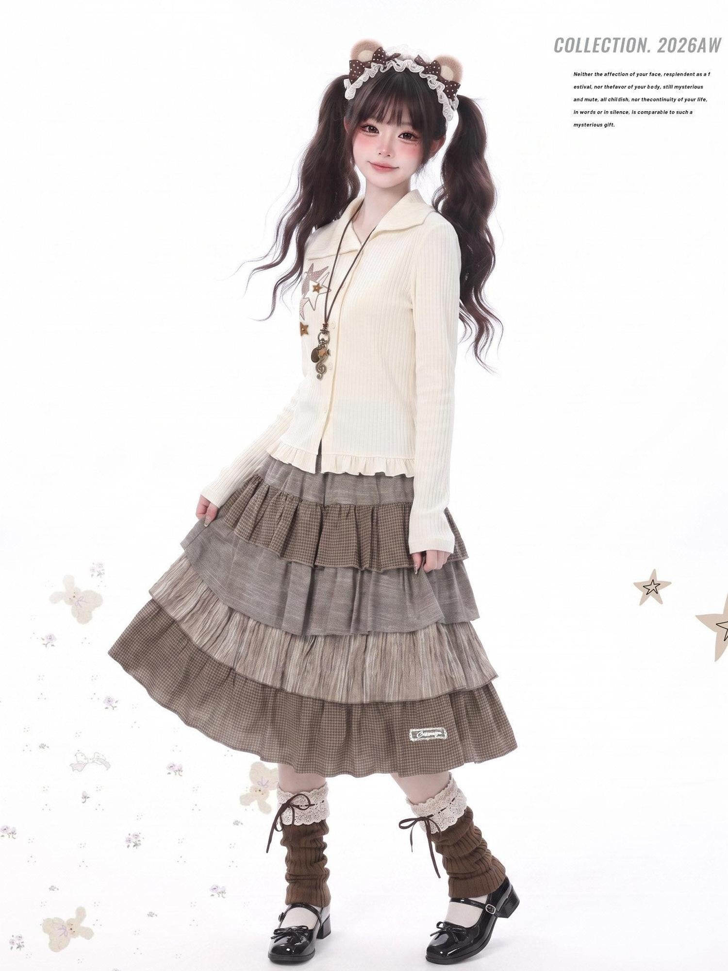 LaceBravo Star Check Applique Lapel Collar Ribbed Women's Knit Cardigans
