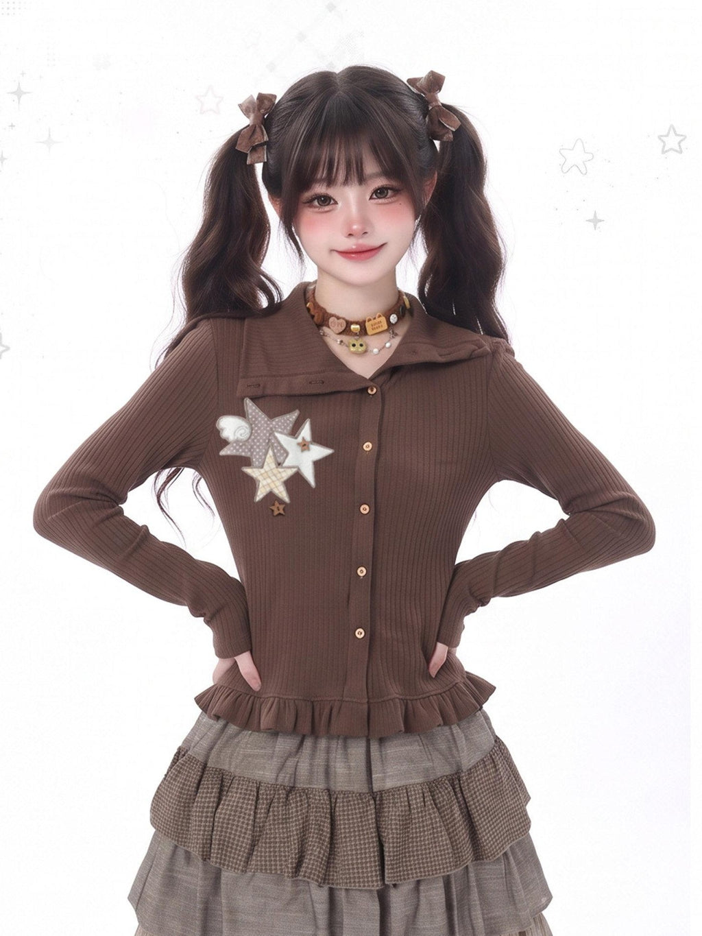LaceBravo Star Check Applique Lapel Collar Ribbed Women's Knit Cardigans