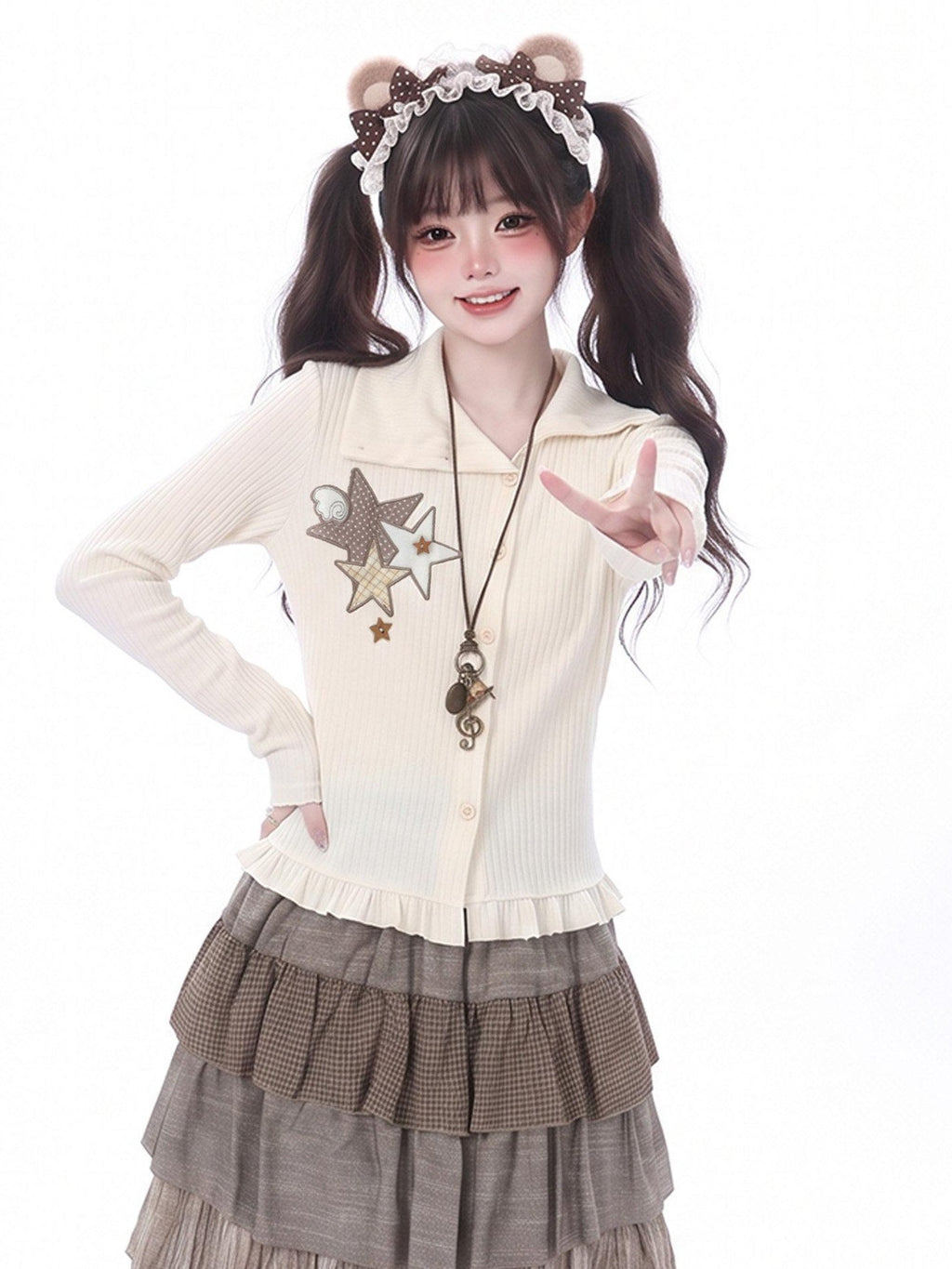 LaceBravo Star Check Applique Lapel Collar Ribbed Women's Knit Cardigans