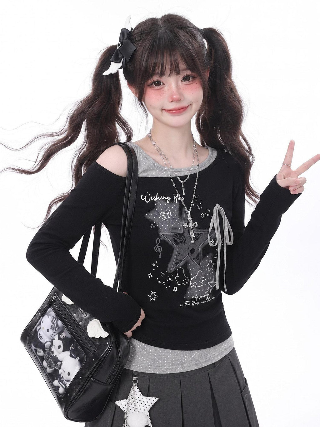 LaceBravo Star Embroidered Off Shoulder Faux Layered Slim Women's Long Sleeve T-shirts