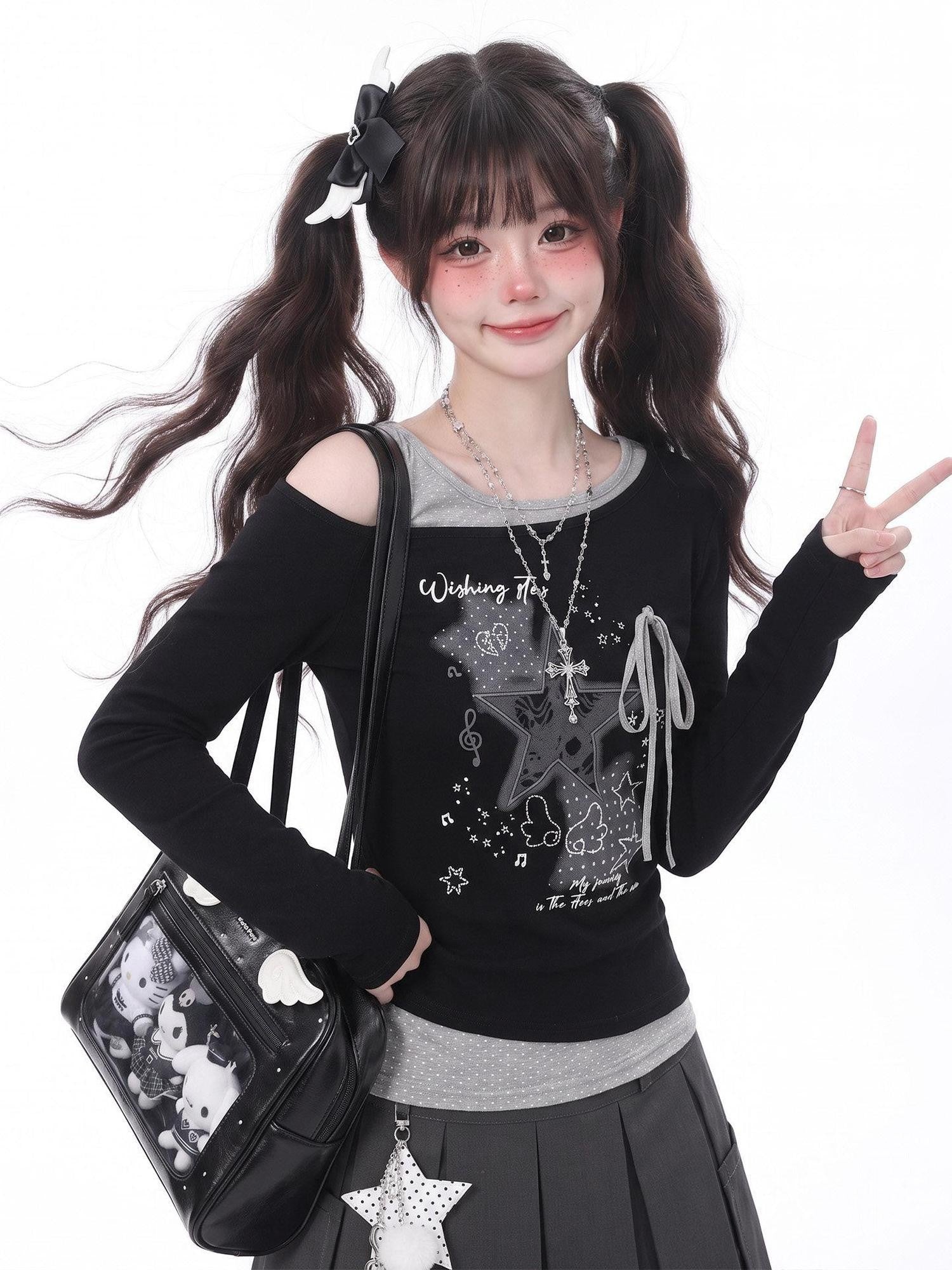 LaceBravo Star Embroidered Off Shoulder Faux Layered Slim Women's Long Sleeve T-shirts