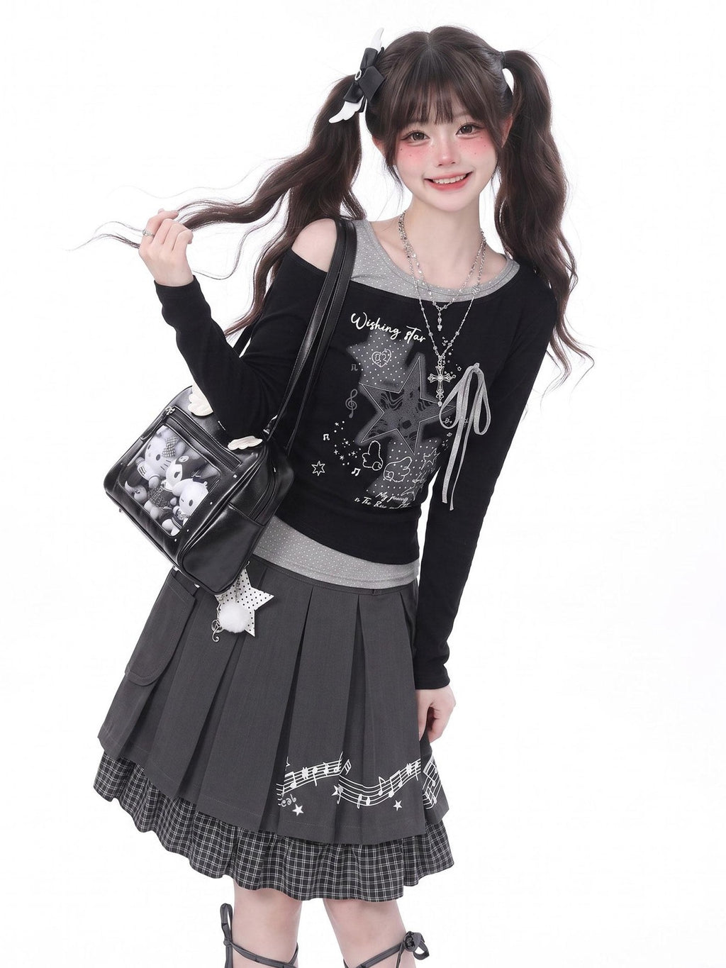 LaceBravo Star Embroidered Off Shoulder Faux Layered Slim Women's Long Sleeve T-shirts