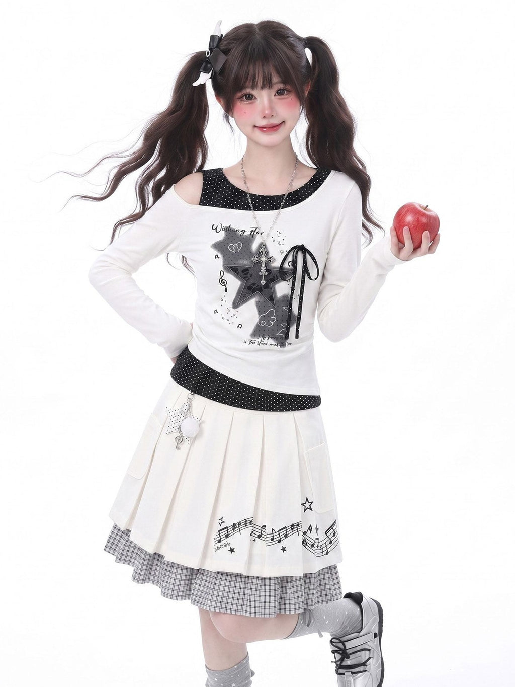LaceBravo Star Embroidered Off Shoulder Faux Layered Slim Women's Long Sleeve T-shirts