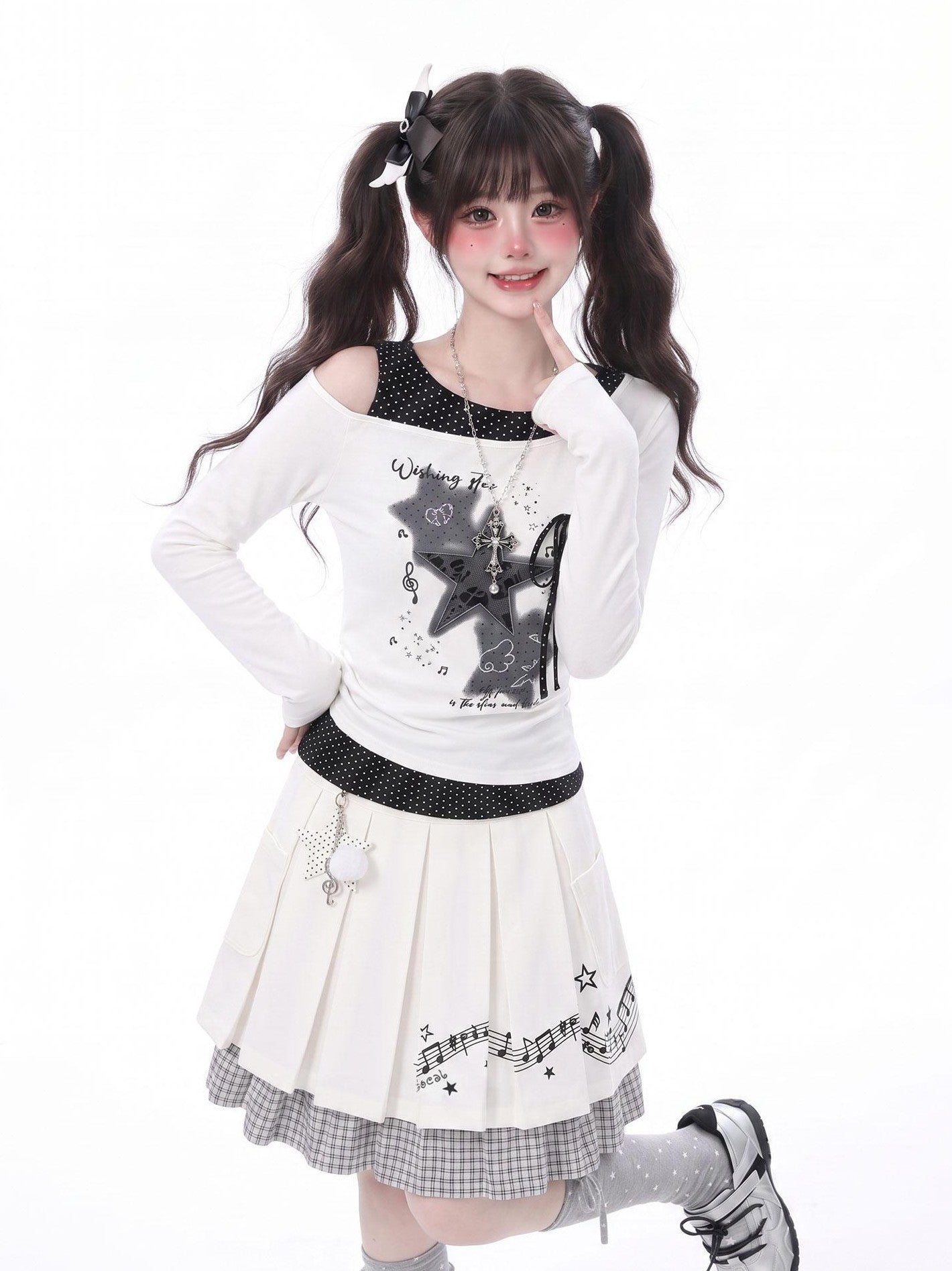 LaceBravo Star Embroidered Off Shoulder Faux Layered Slim Women's Long Sleeve T-shirts