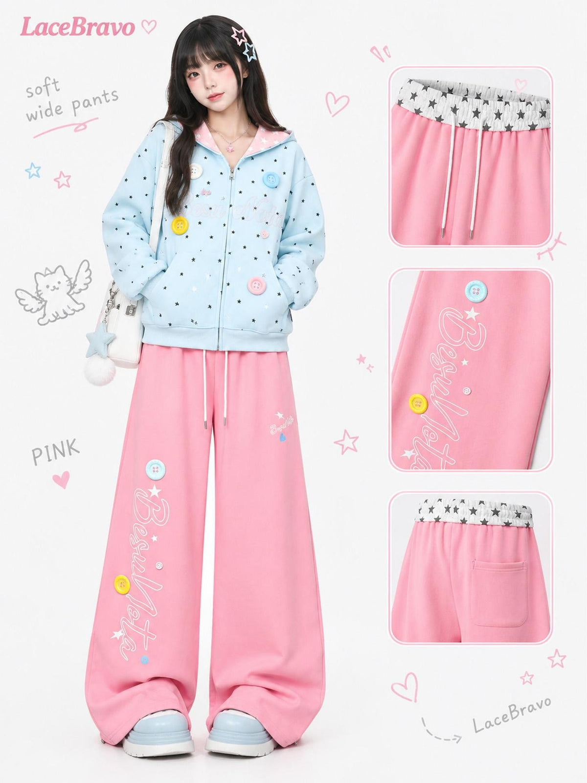 LaceBravo Star Letter Print Button Double Waist Wide Leg Women's Cotton Sweatpants
