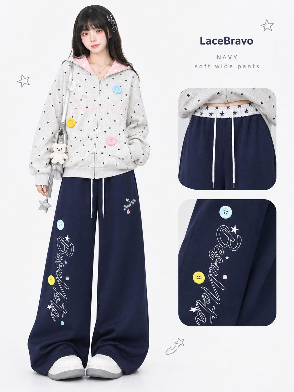 LaceBravo Star Letter Print Button Double Waist Wide Leg Women's Cotton Sweatpants