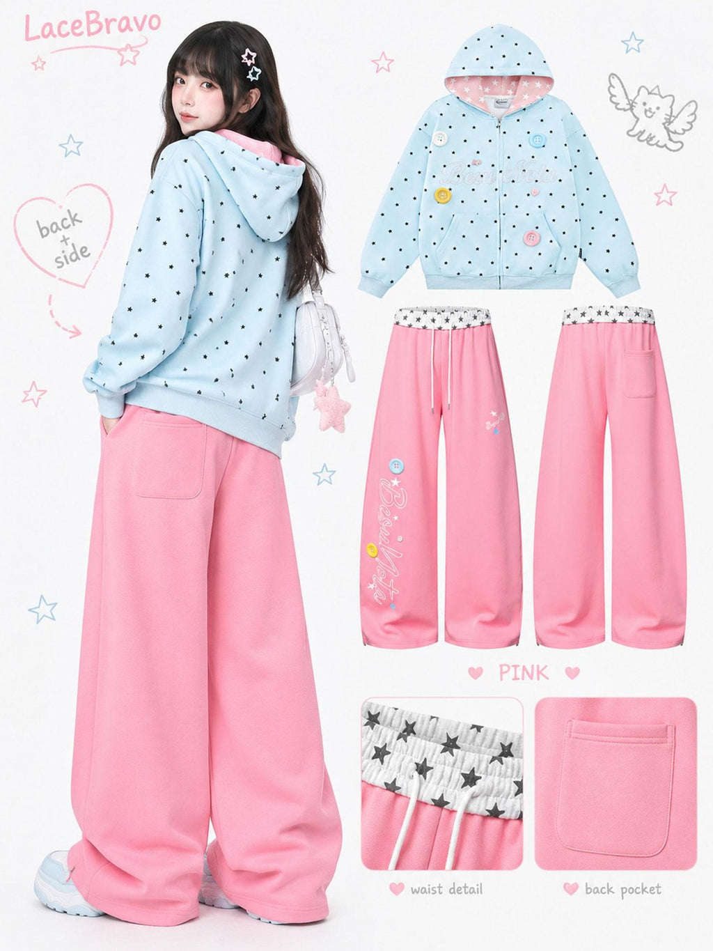 LaceBravo Star Letter Print Button Double Waist Wide Leg Women's Cotton Sweatpants