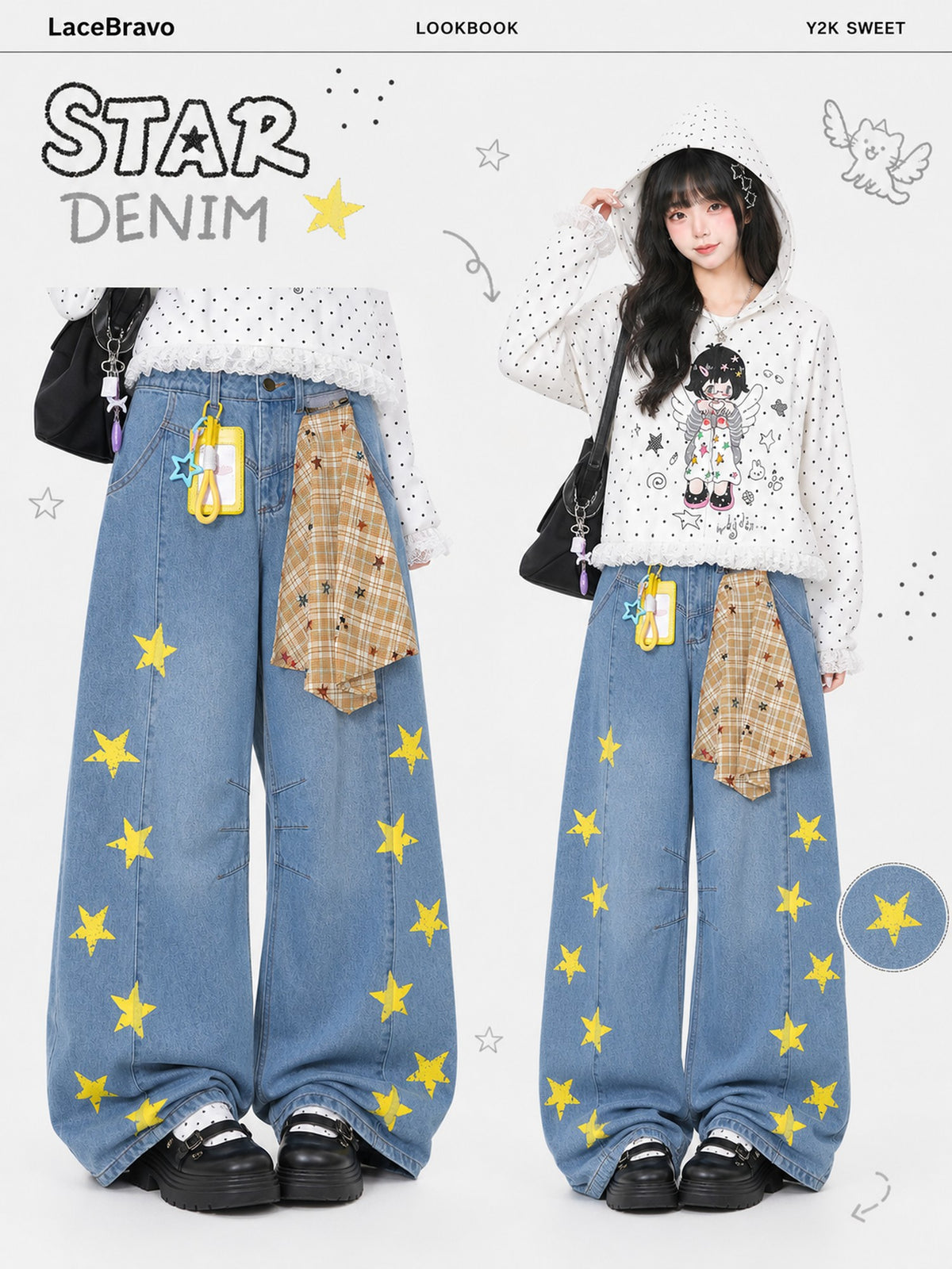 LaceBravo Star Print Denim Women's Loose Wide-leg Jeans