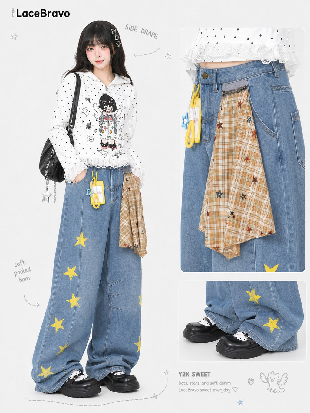LaceBravo Star Print Denim Women's Loose Wide-leg Jeans