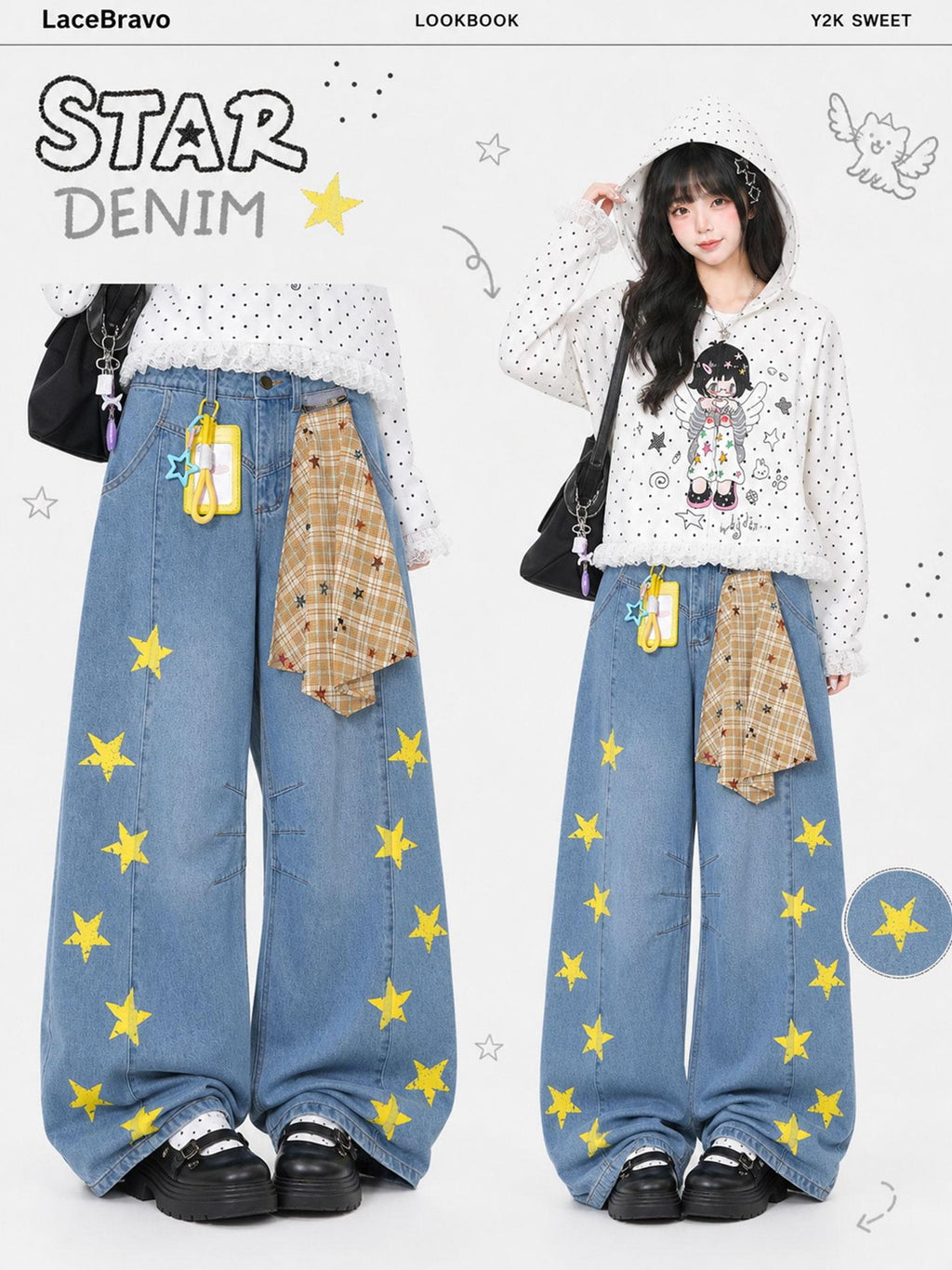 LaceBravo Star Print Denim Women's Loose Wide-leg Jeans