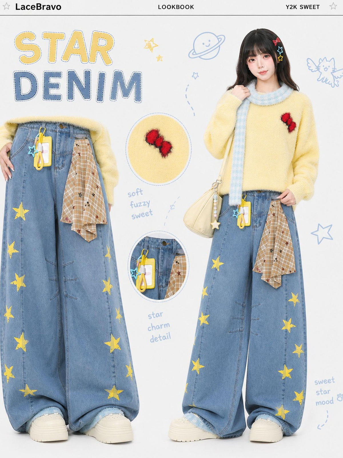 LaceBravo Star Print Denim Women's Loose Wide-leg Jeans