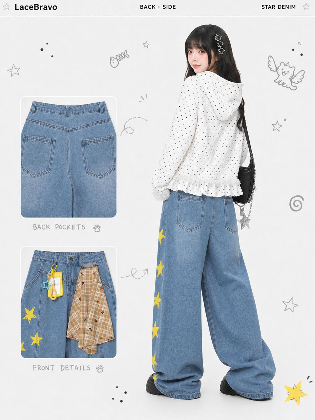 LaceBravo Star Print Denim Women's Loose Wide-leg Jeans
