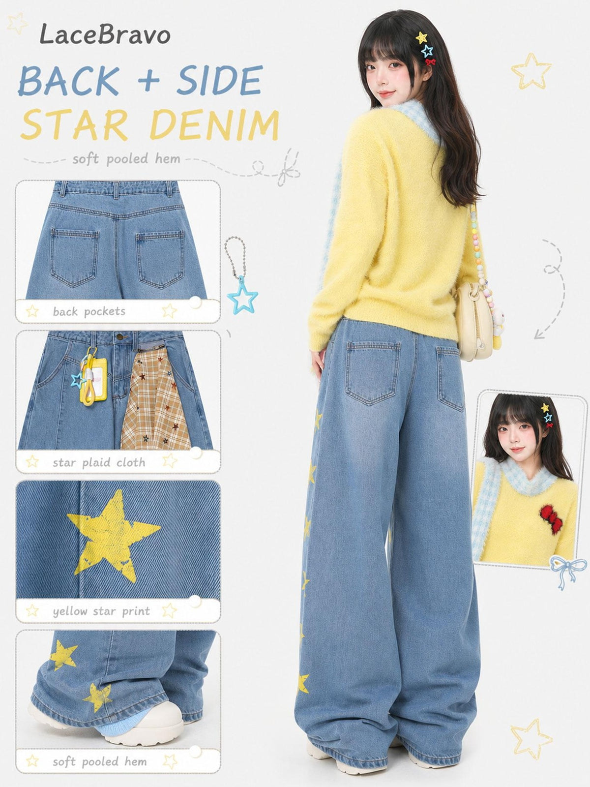 LaceBravo Star Print Denim Women's Loose Wide-leg Jeans