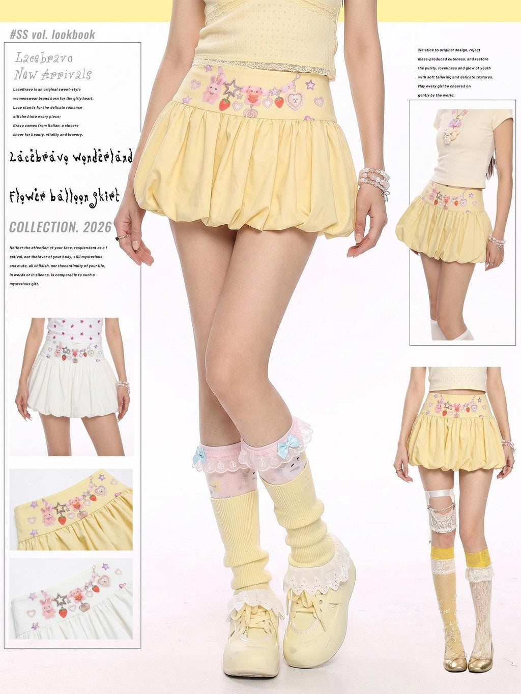 LaceBravo Star Rabbit Charm Print Bubble Hem High Waist Women's Lace Mini Skirts