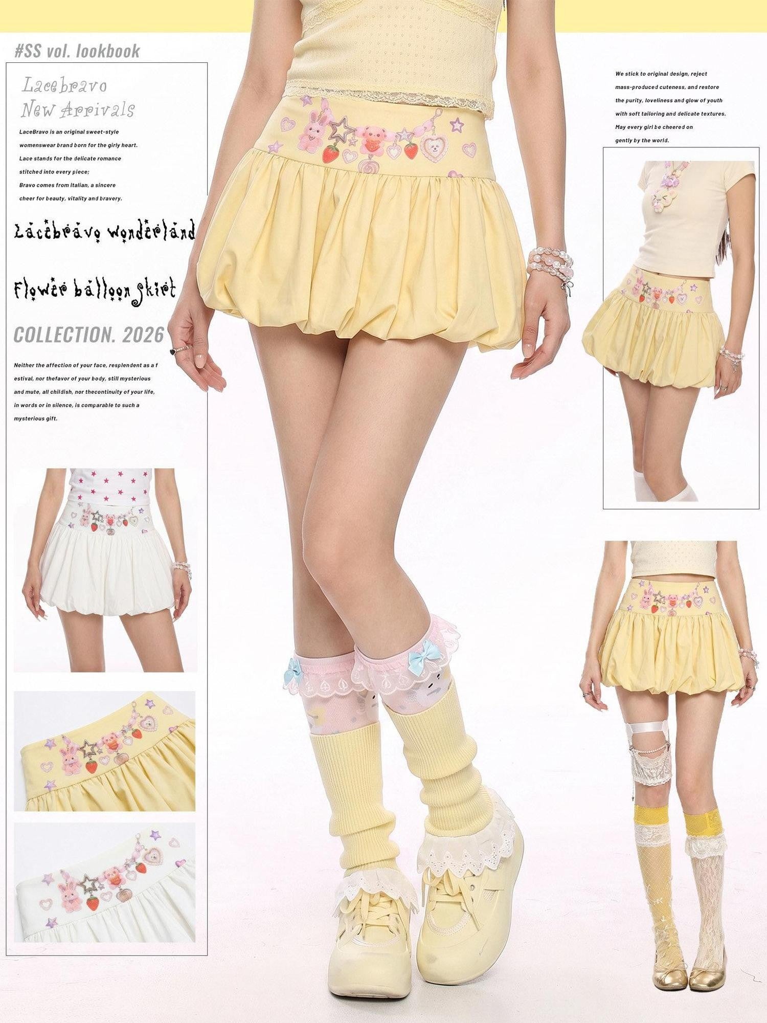 LaceBravo Star Rabbit Charm Print Bubble Hem High Waist Women's Lace Mini Skirts