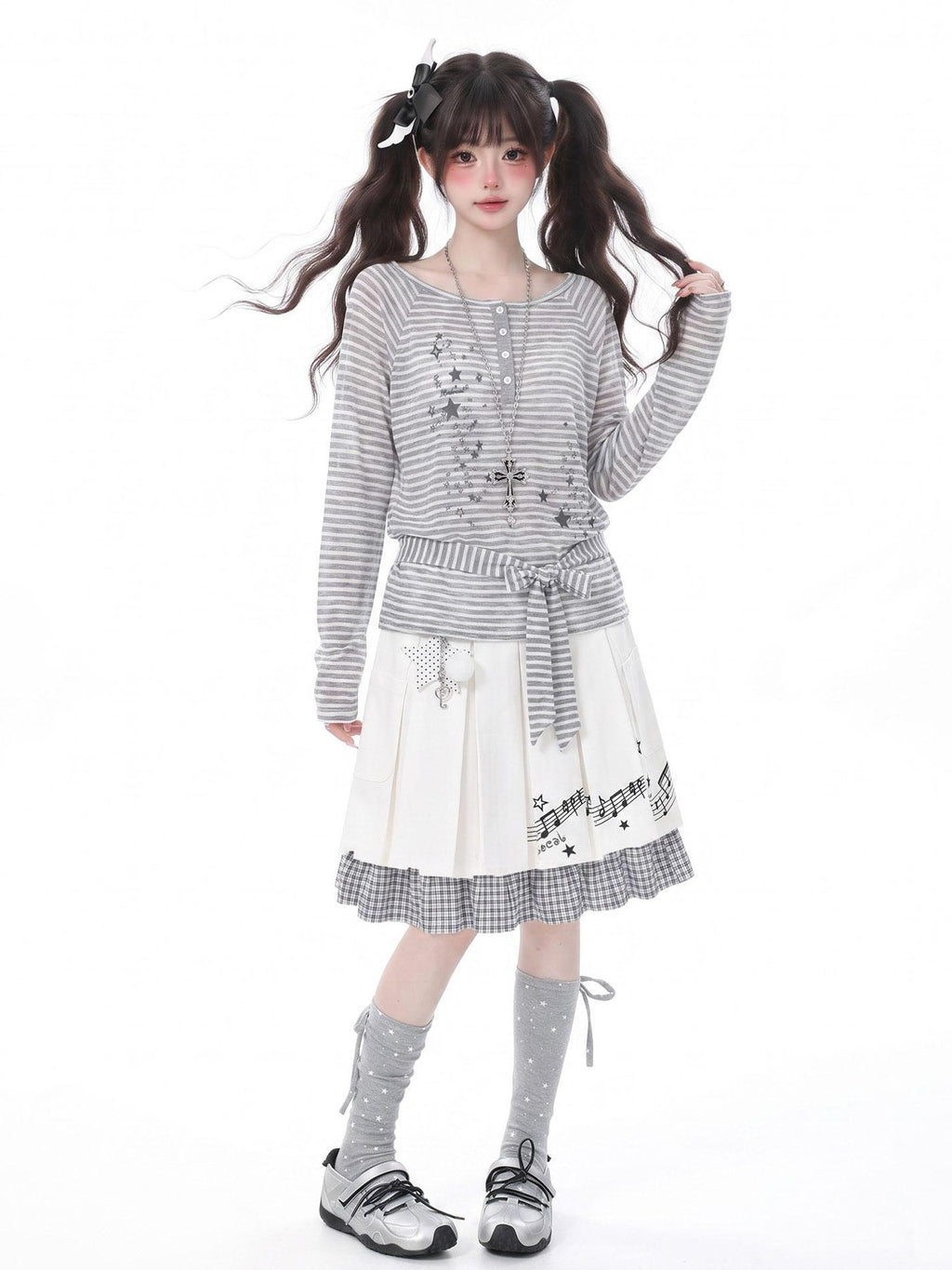 LaceBravo Star Stripe Print Round Neck Loose Women's Lightweight Long Sleeve T-shirts