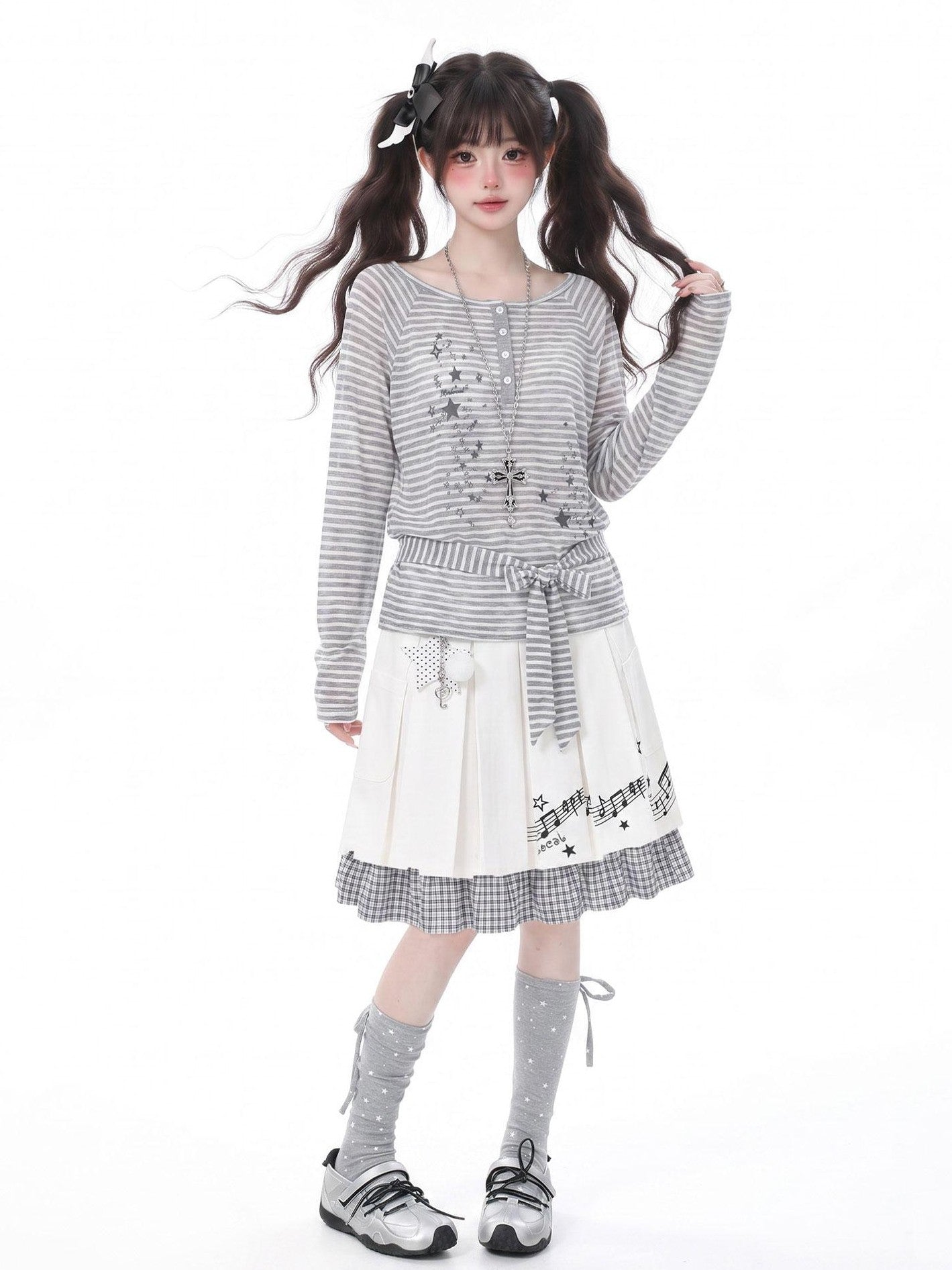 LaceBravo Star Stripe Print Round Neck Loose Women's Lightweight Long Sleeve T-shirts
