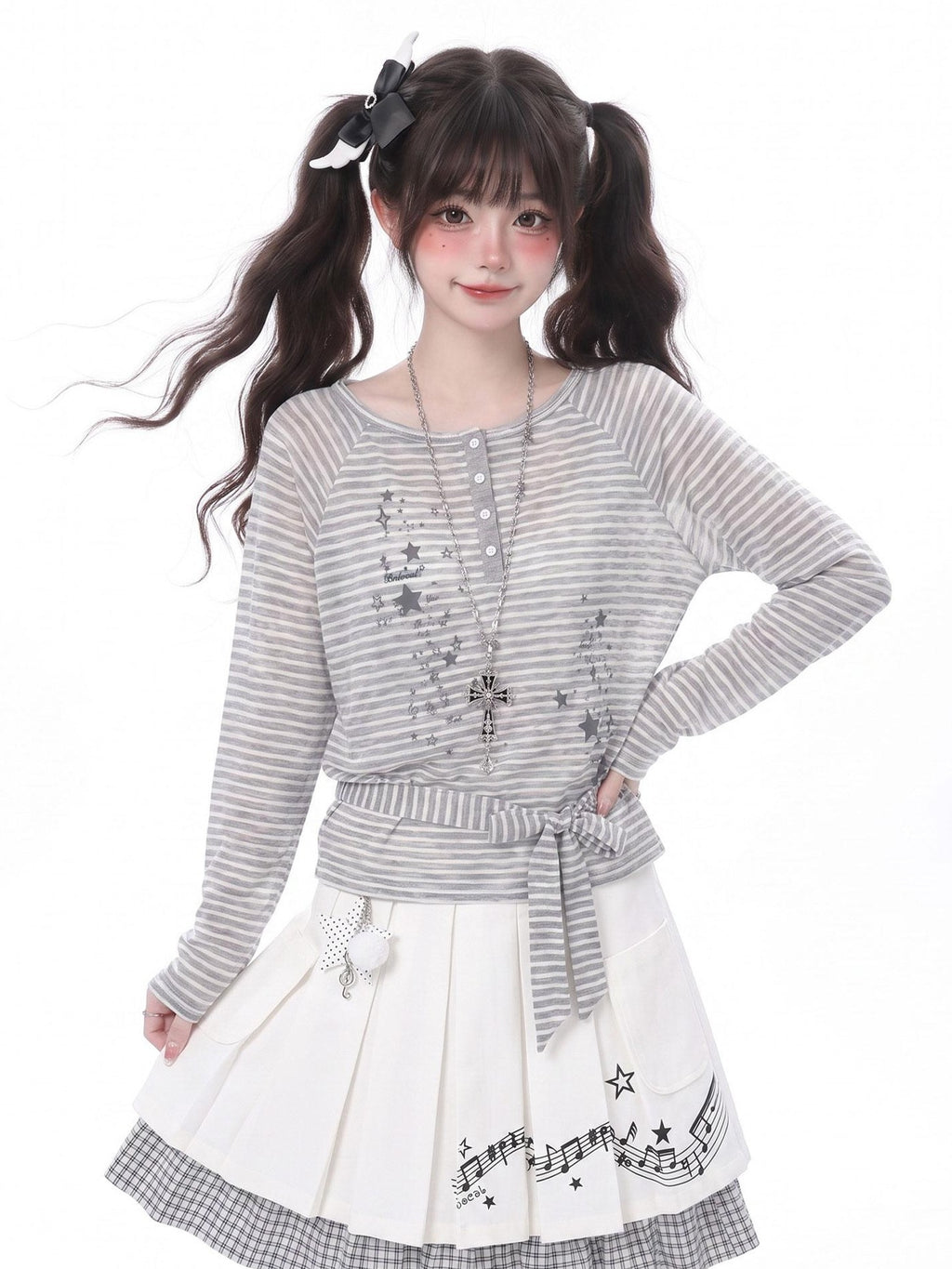 LaceBravo Star Stripe Print Round Neck Loose Women's Lightweight Long Sleeve T-shirts