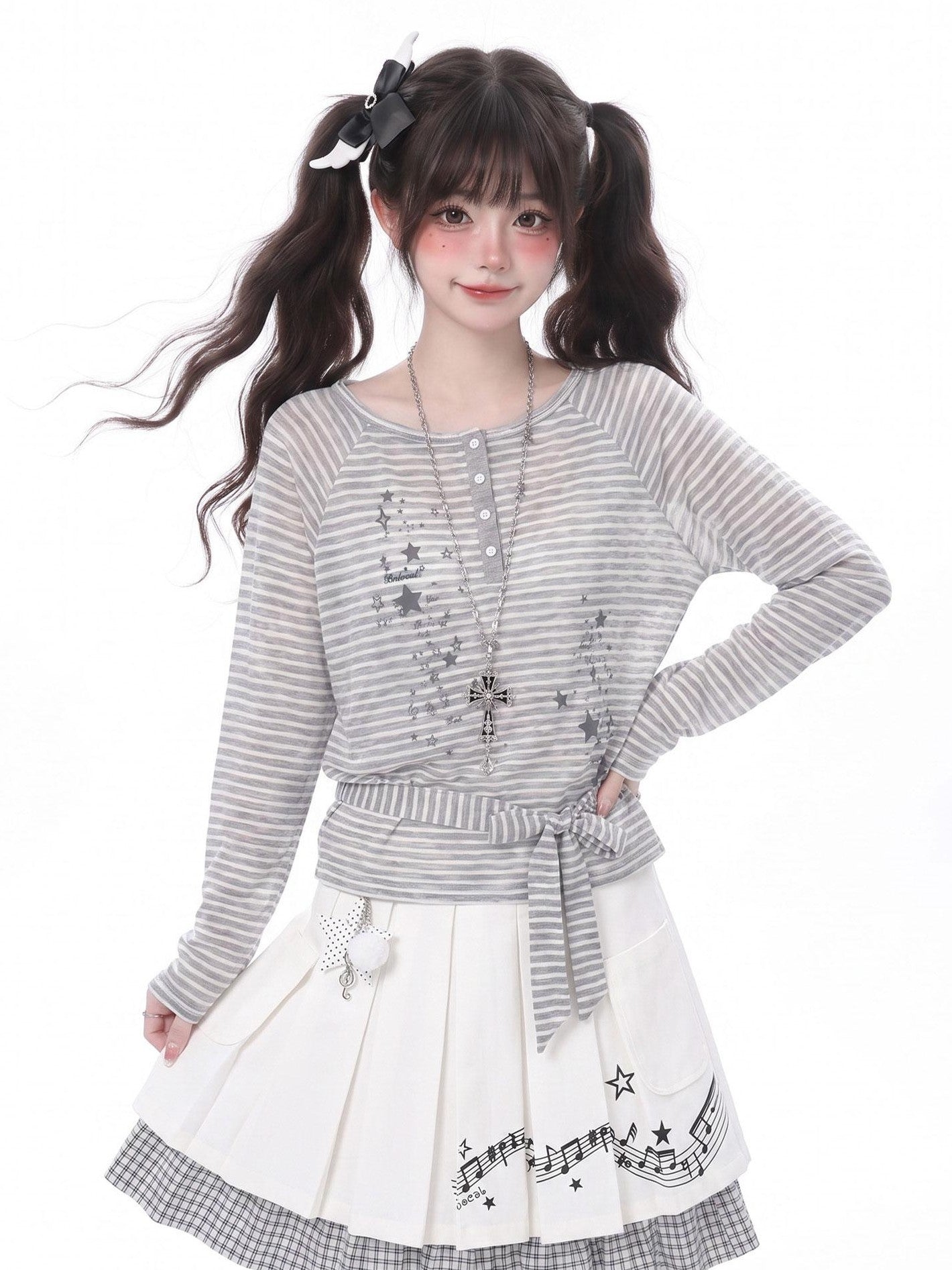LaceBravo Star Stripe Print Round Neck Loose Women's Lightweight Long Sleeve T-shirts
