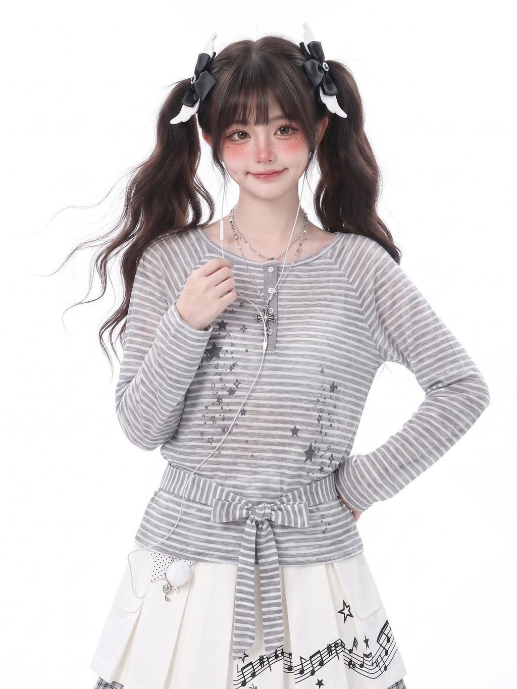 LaceBravo Star Stripe Print Round Neck Loose Women's Lightweight Long Sleeve T-shirts