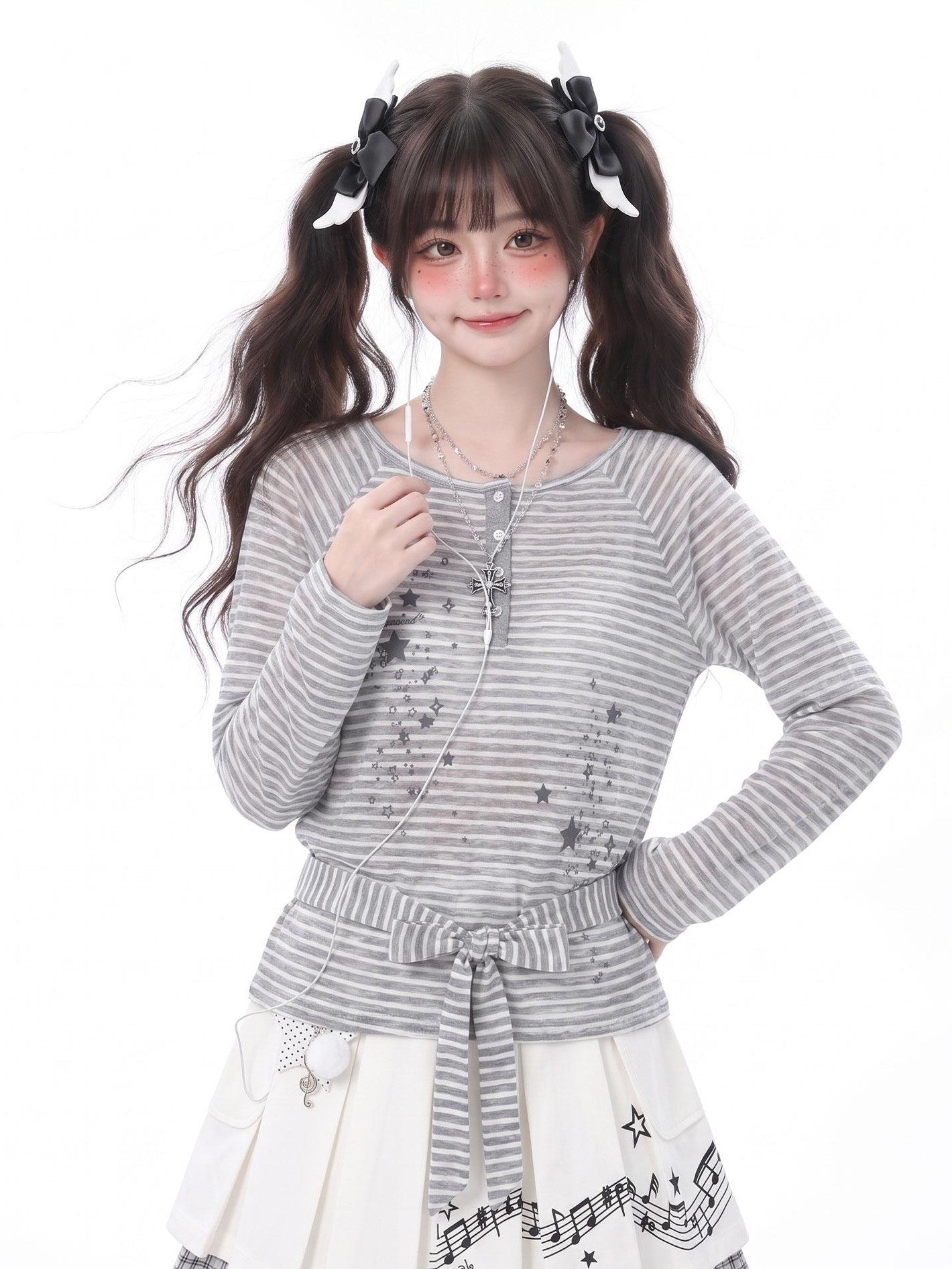 LaceBravo Star Stripe Print Round Neck Loose Women's Lightweight Long Sleeve T-shirts