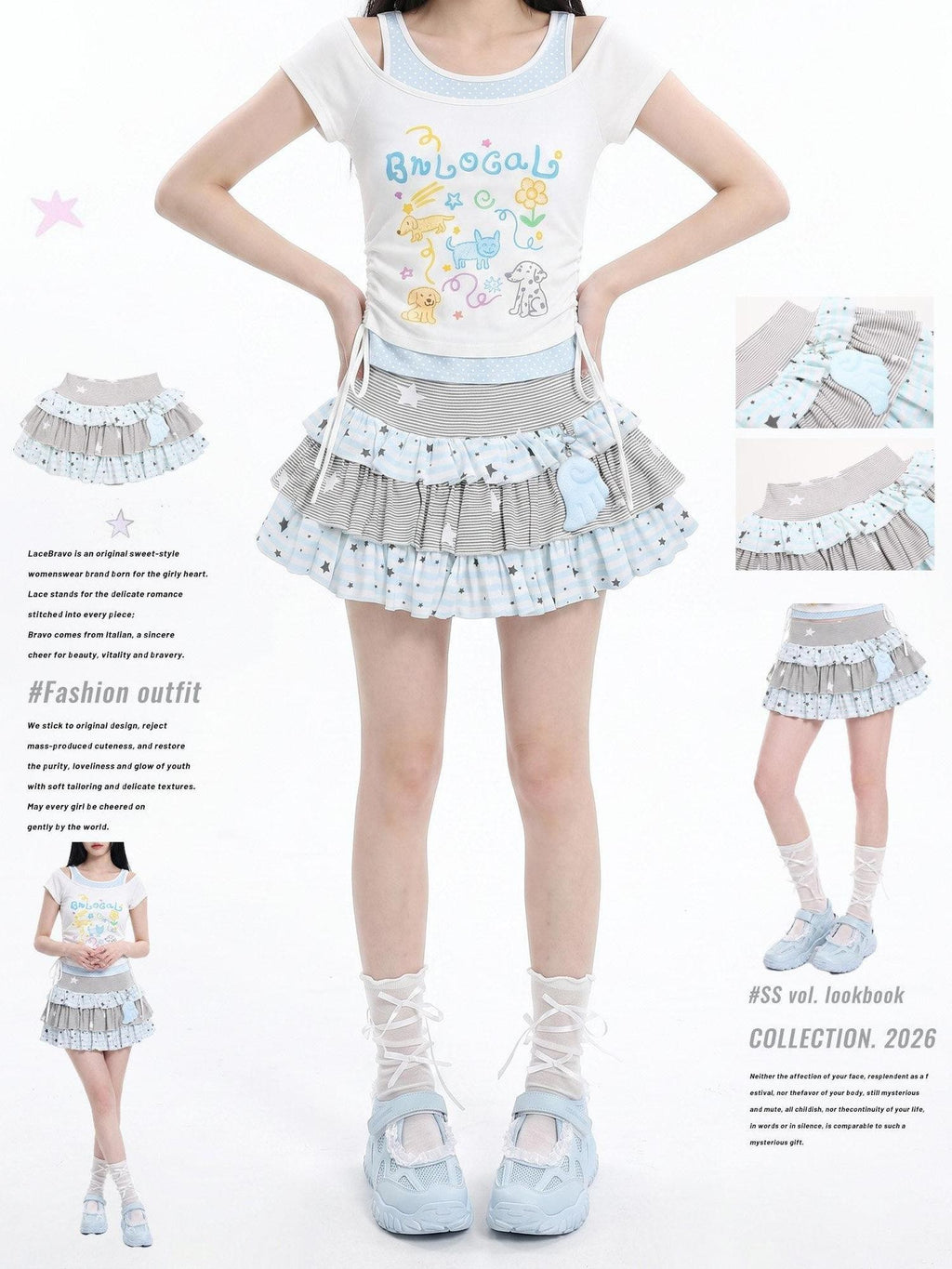LaceBravo Star Striped Patchwork Ruffled Layered Tiered Women's Mini Skirts
