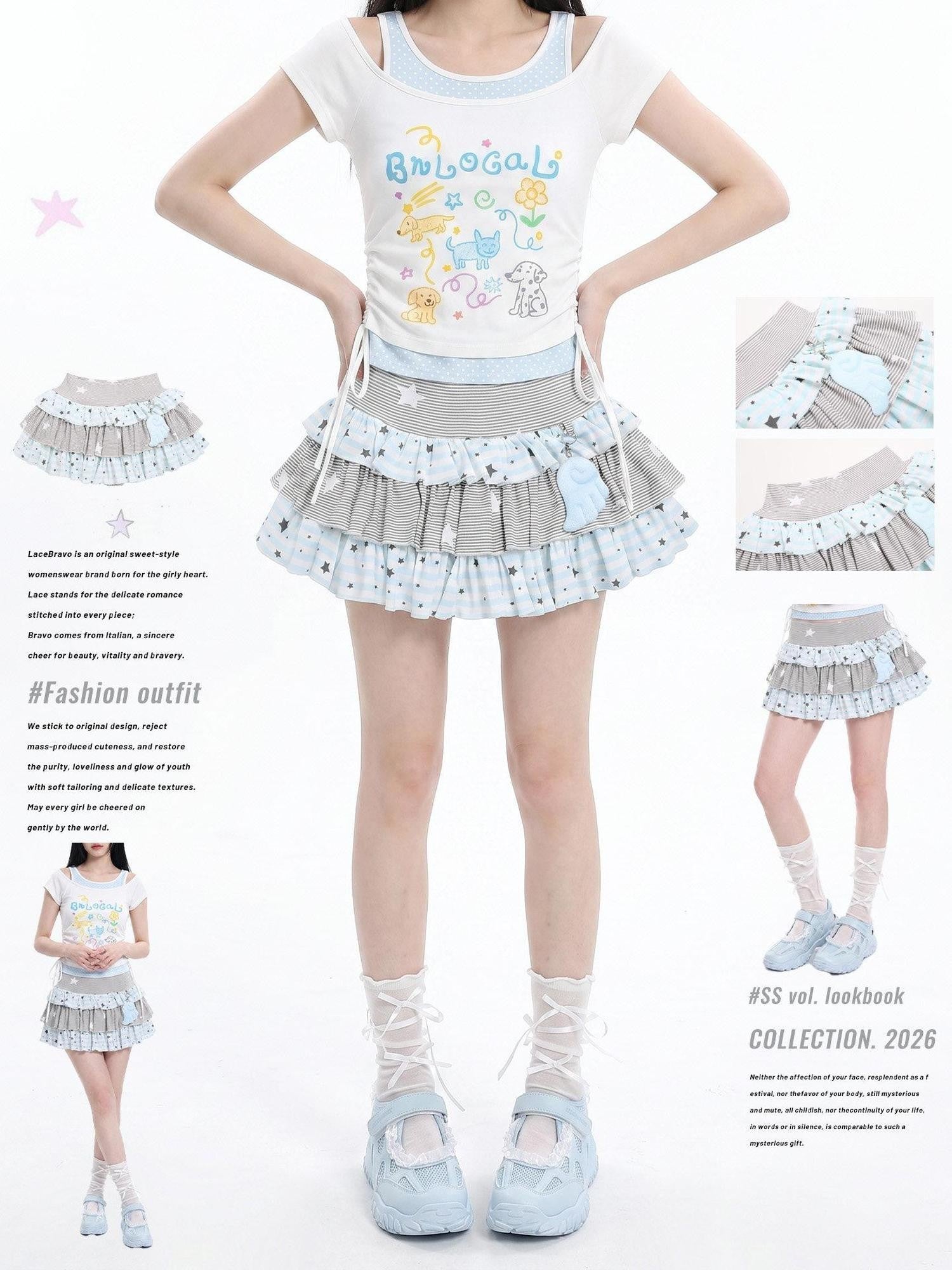 LaceBravo Star Striped Patchwork Ruffled Layered Tiered Women's Mini Skirts