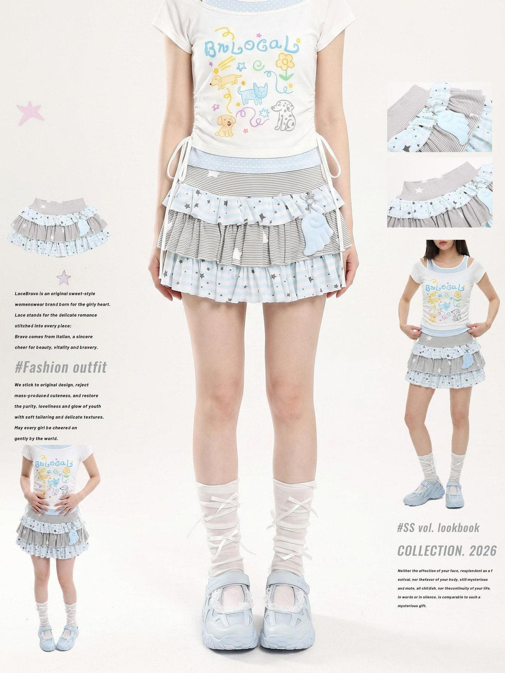 LaceBravo Star Striped Patchwork Ruffled Layered Tiered Women's Mini Skirts