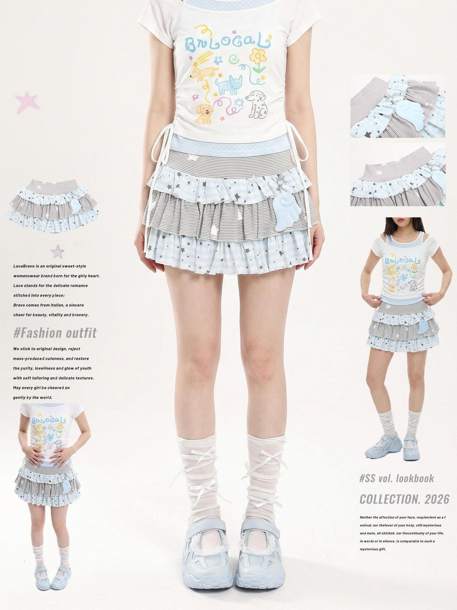LaceBravo Star Striped Patchwork Ruffled Layered Tiered Women's Mini Skirts