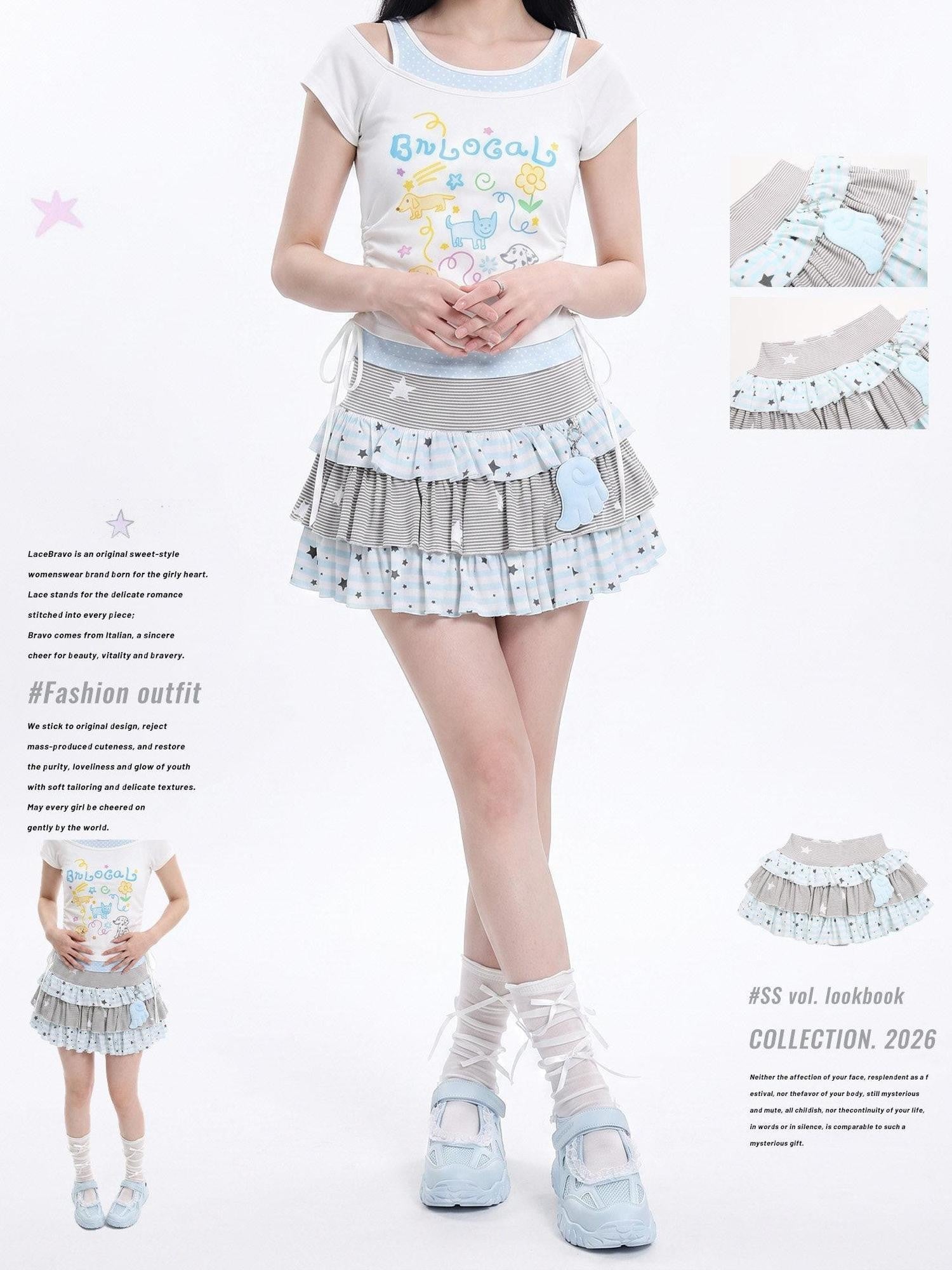 LaceBravo Star Striped Patchwork Ruffled Layered Tiered Women's Mini Skirts