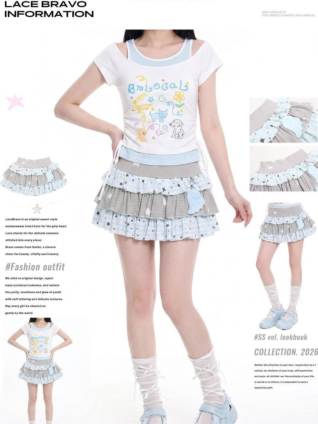 LaceBravo Star Striped Patchwork Ruffled Layered Tiered Women's Mini Skirts