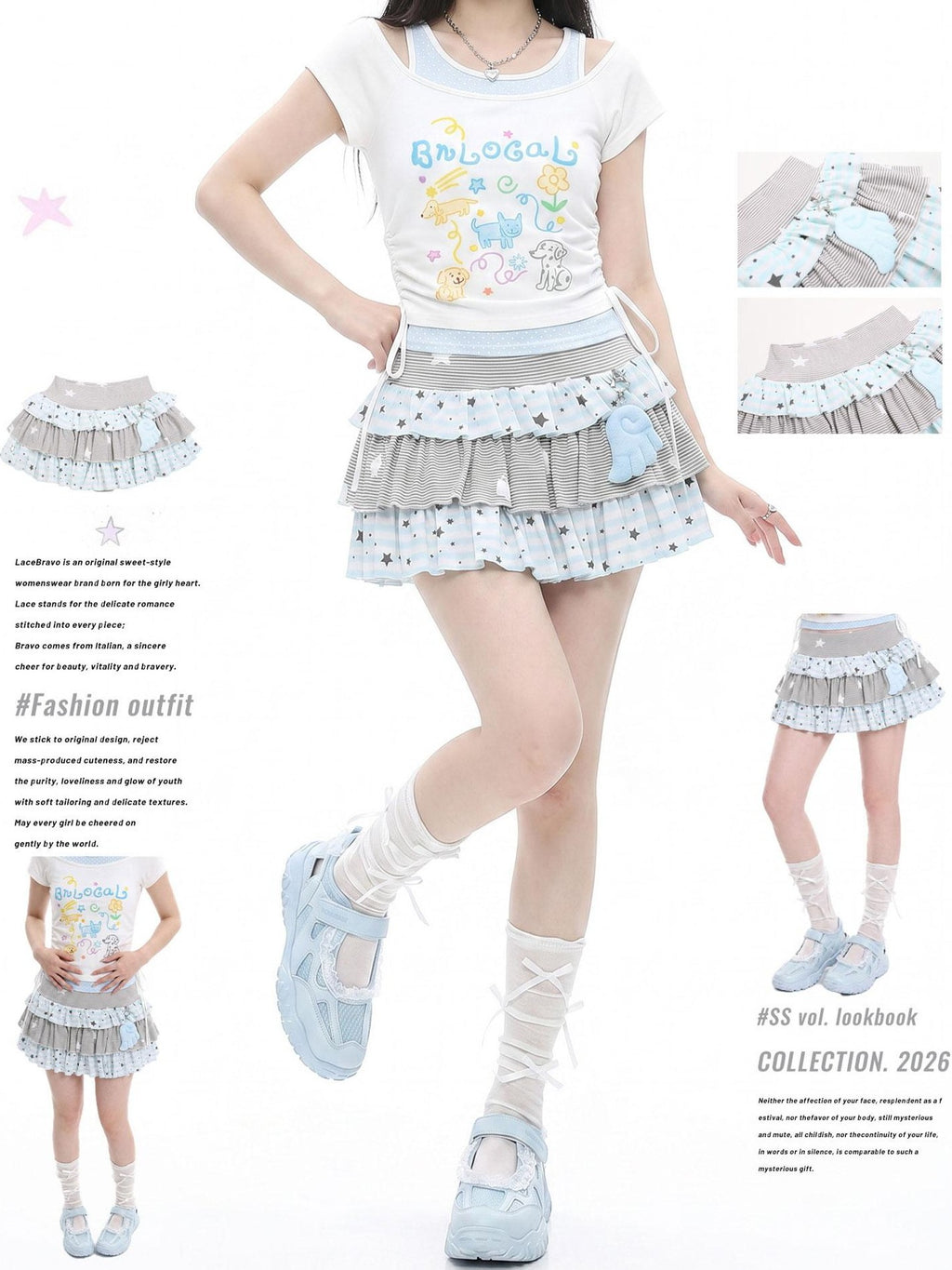 LaceBravo Star Striped Patchwork Ruffled Layered Tiered Women's Mini Skirts