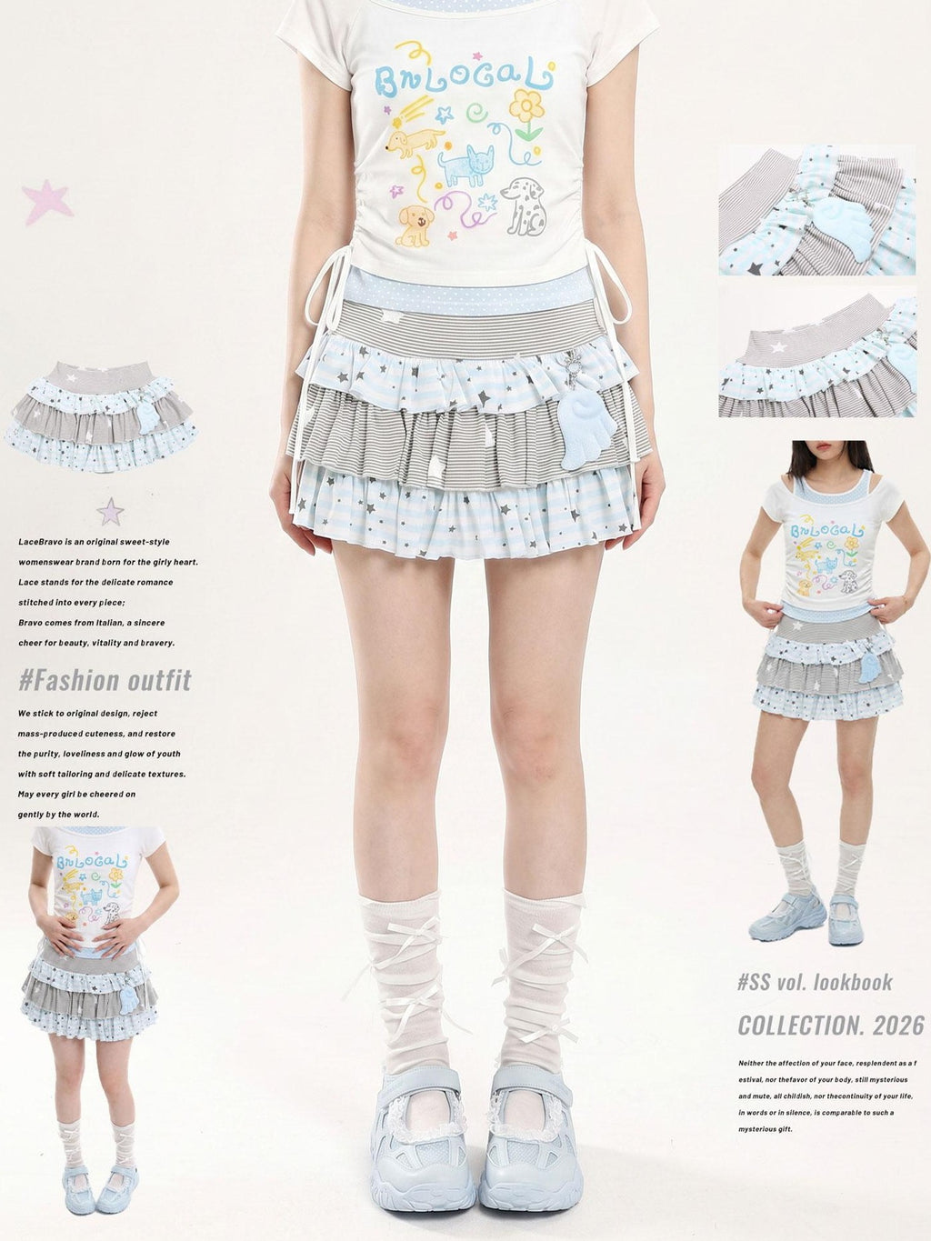 LaceBravo Star Striped Patchwork Ruffled Layered Tiered Women's Mini Skirts