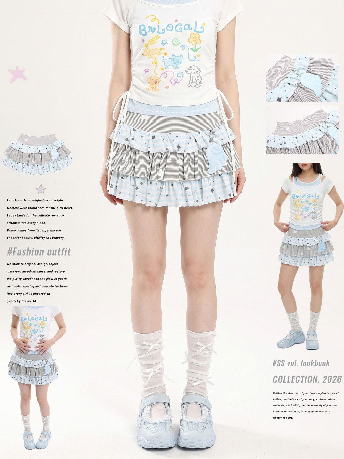 LaceBravo Star Striped Patchwork Ruffled Layered Tiered Women's Mini Skirts