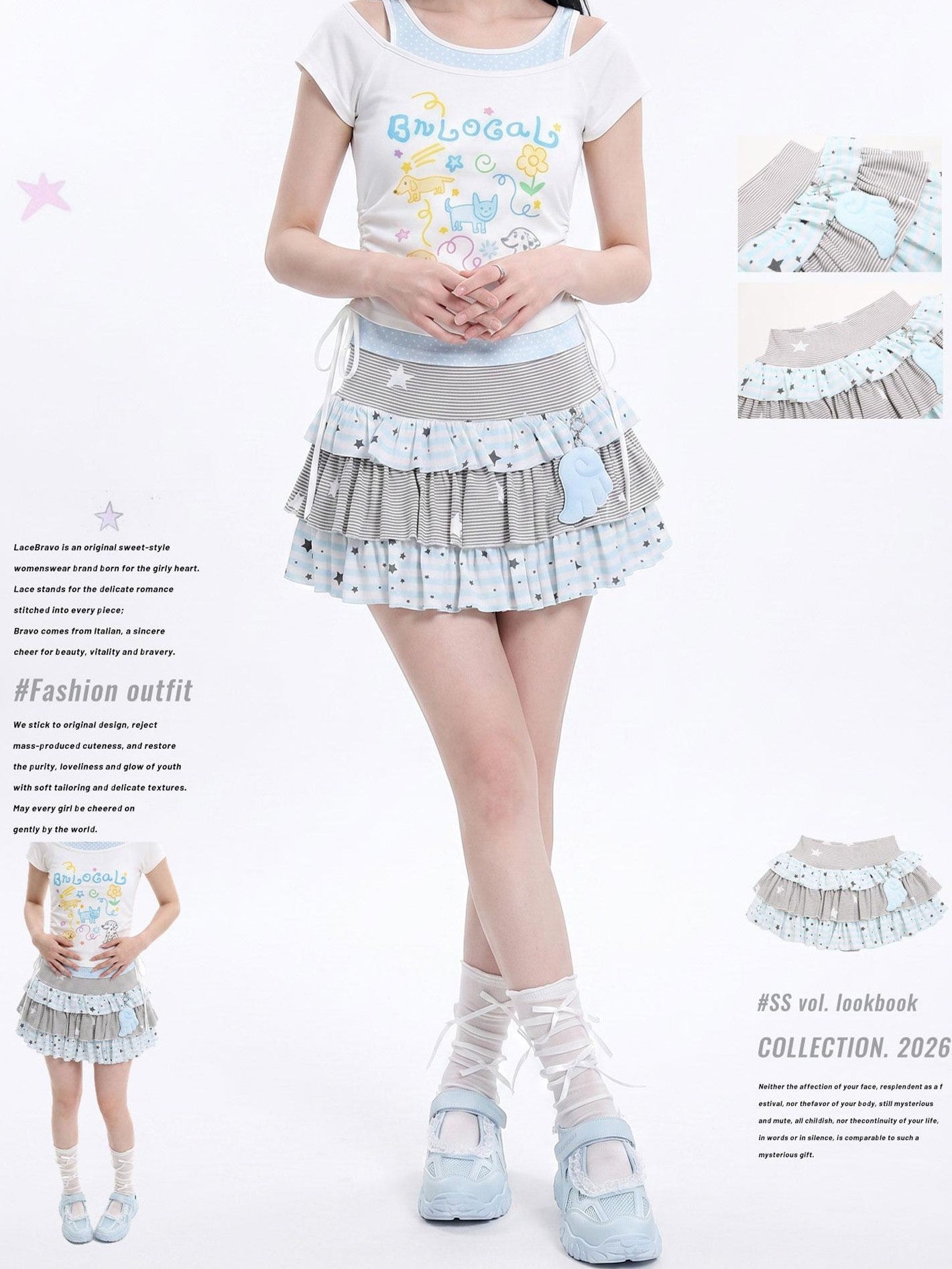 LaceBravo Star Striped Patchwork Ruffled Layered Tiered Women's Mini Skirts