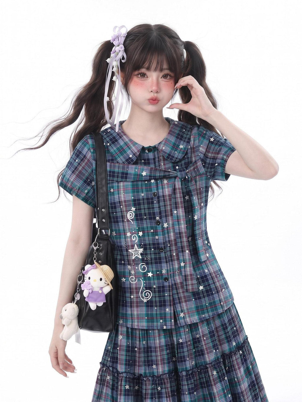 LaceBravo Starry Plaid Doll Collar Tiered Skirt Women's Matching Skirt Sets