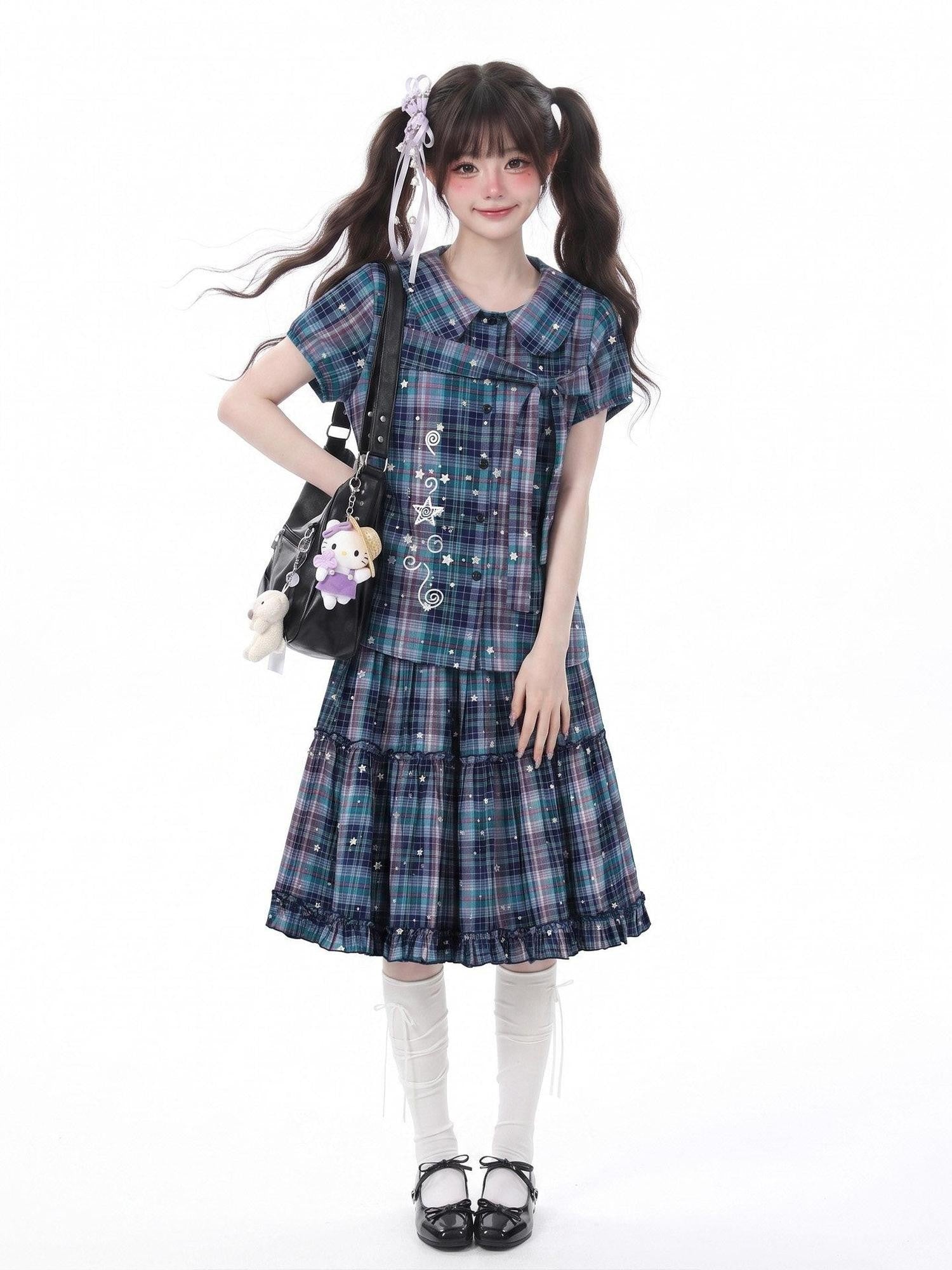 LaceBravo Starry Plaid Doll Collar Tiered Skirt Women's Matching Skirt Sets