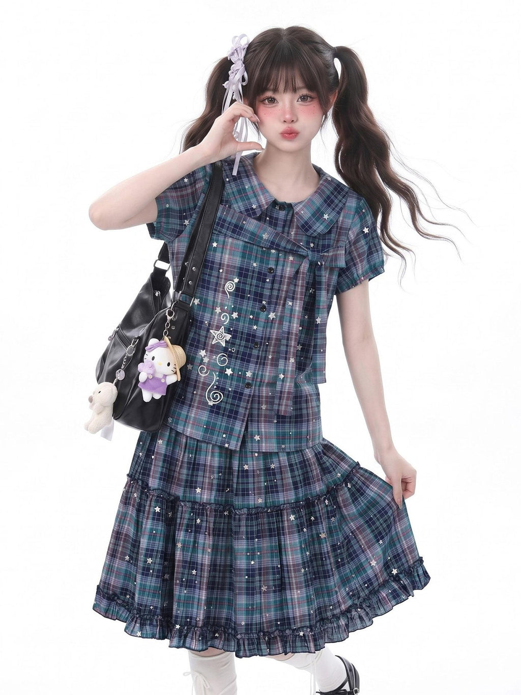 LaceBravo Starry Plaid Doll Collar Tiered Skirt Women's Matching Skirt Sets