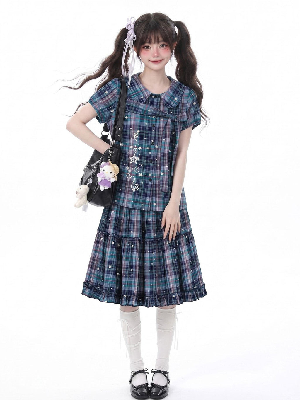 LaceBravo Starry Plaid Doll Collar Tiered Skirt Women's Matching Skirt Sets