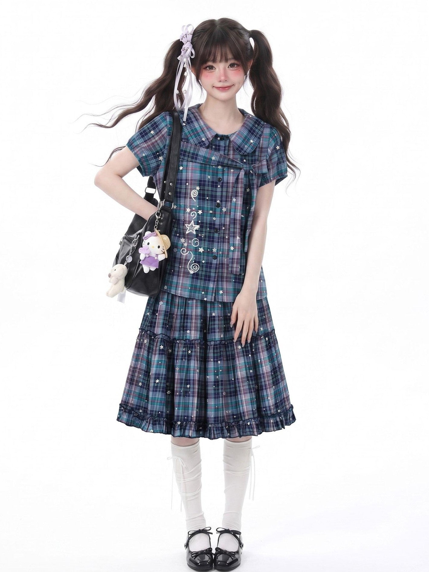 LaceBravo Starry Plaid Doll Collar Tiered Skirt Women's Matching Skirt Sets