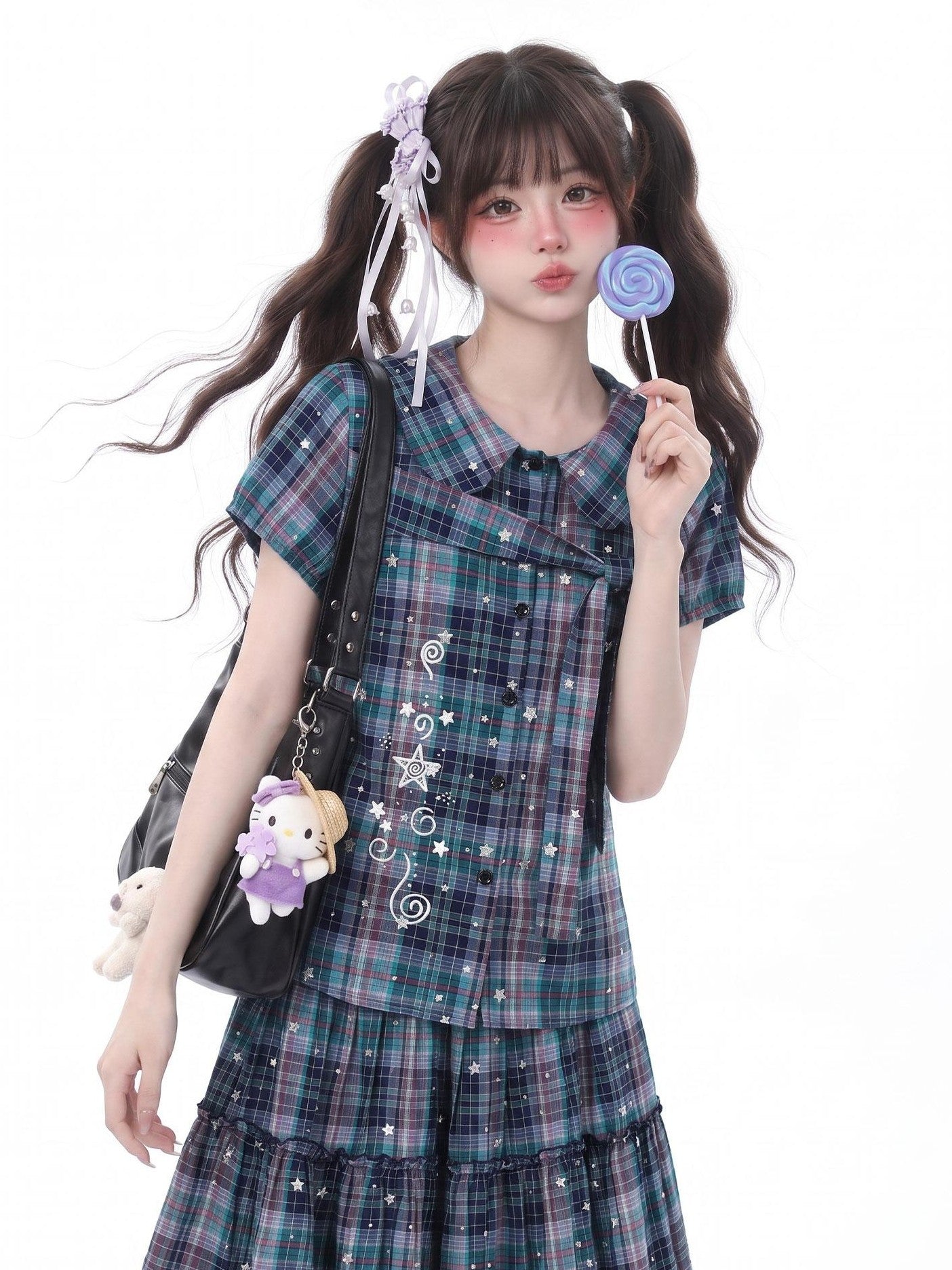 LaceBravo Starry Plaid Doll Collar Tiered Skirt Women's Matching Skirt Sets