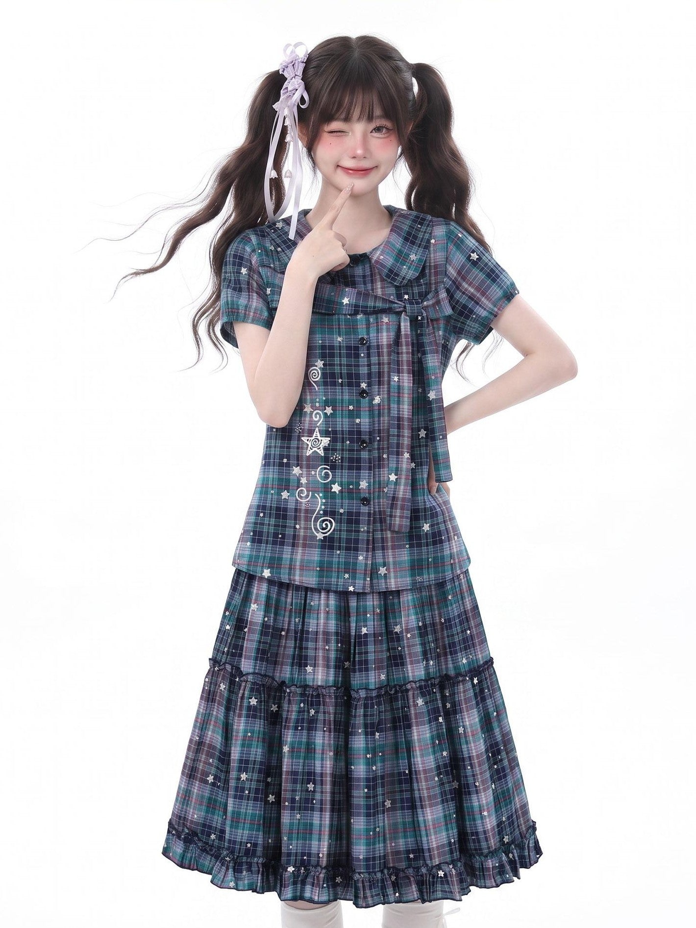 LaceBravo Starry Plaid Doll Collar Tiered Skirt Women's Matching Skirt Sets
