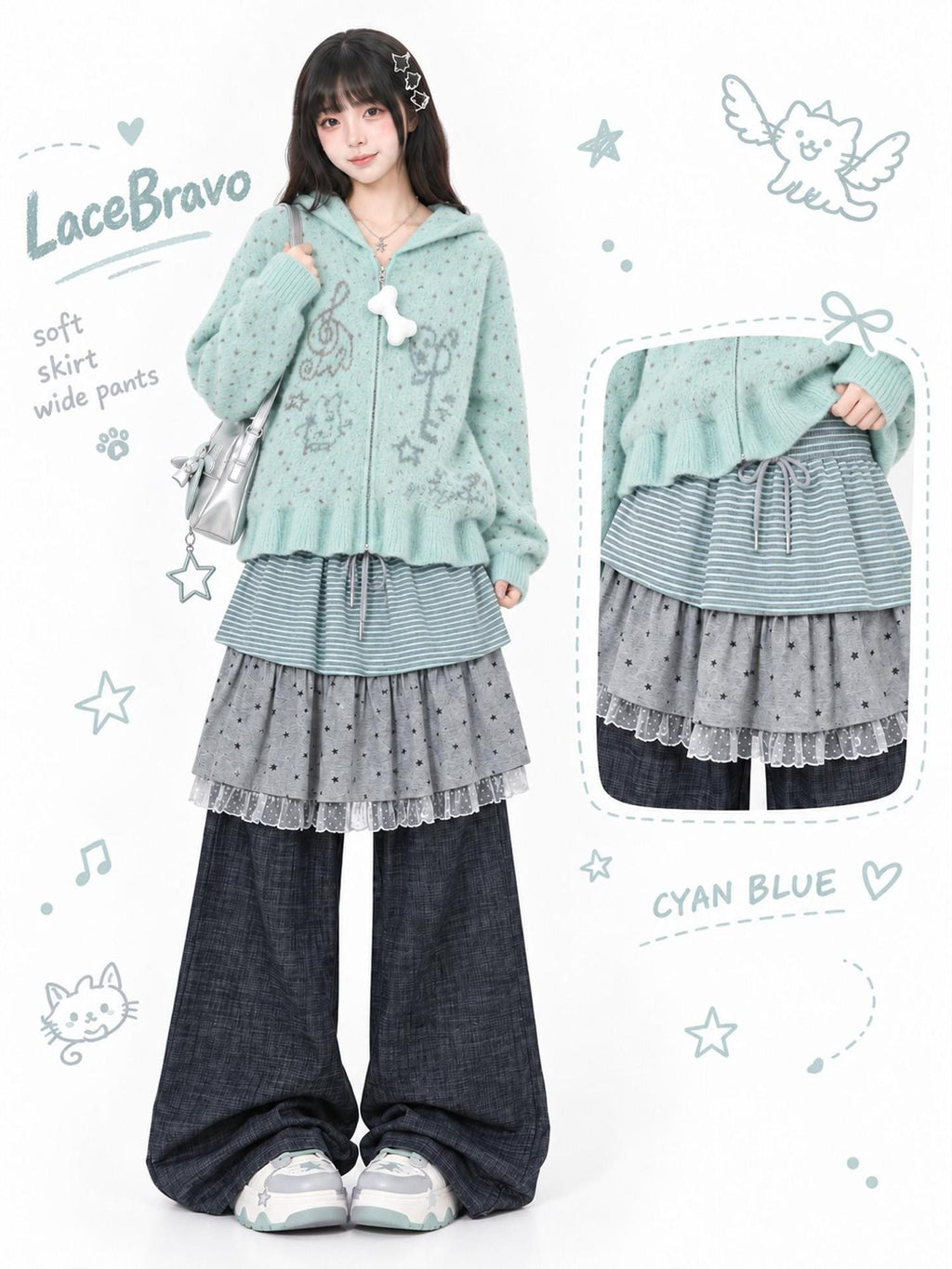 LaceBravo Striped Patchwork High Waist Women's Cotton Skorts