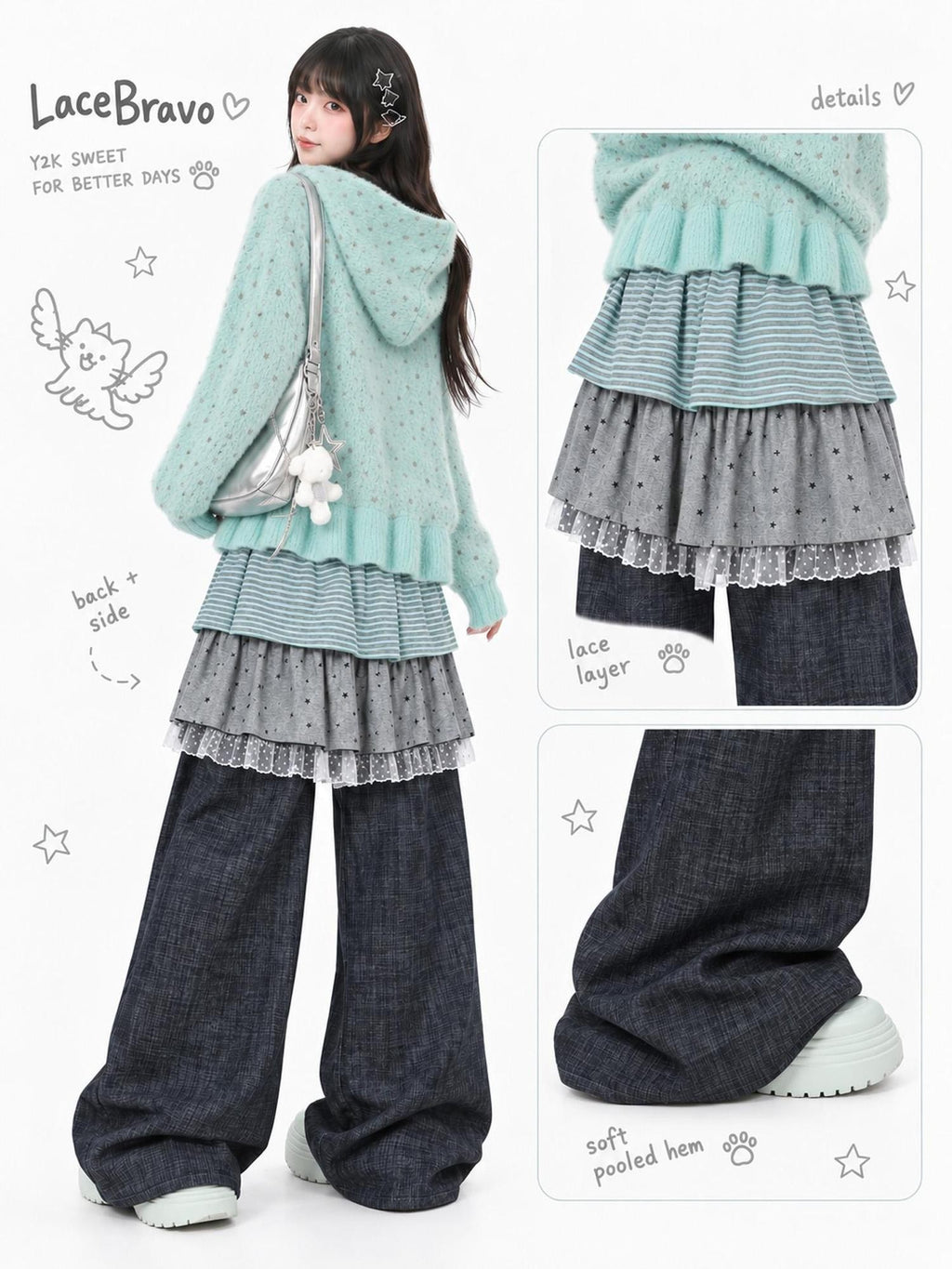 LaceBravo Striped Patchwork High Waist Women's Cotton Skorts