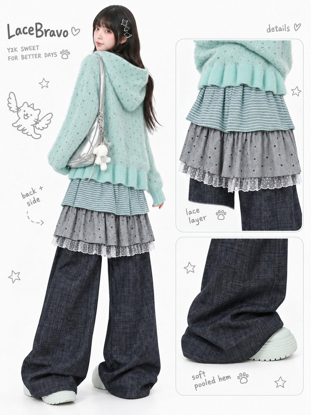 LaceBravo Striped Patchwork High Waist Women's Cotton Skorts